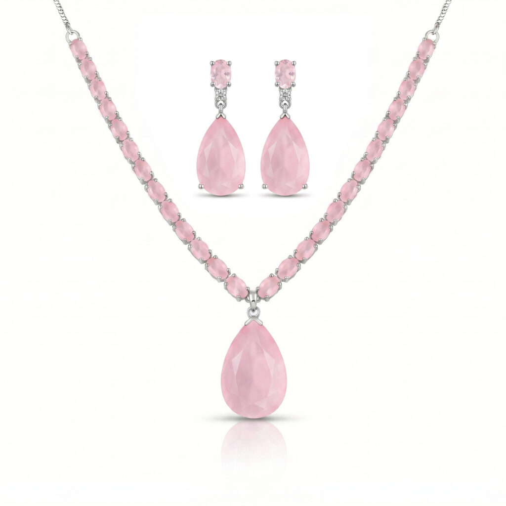 Pink AD Diamond Necklace with Earrings