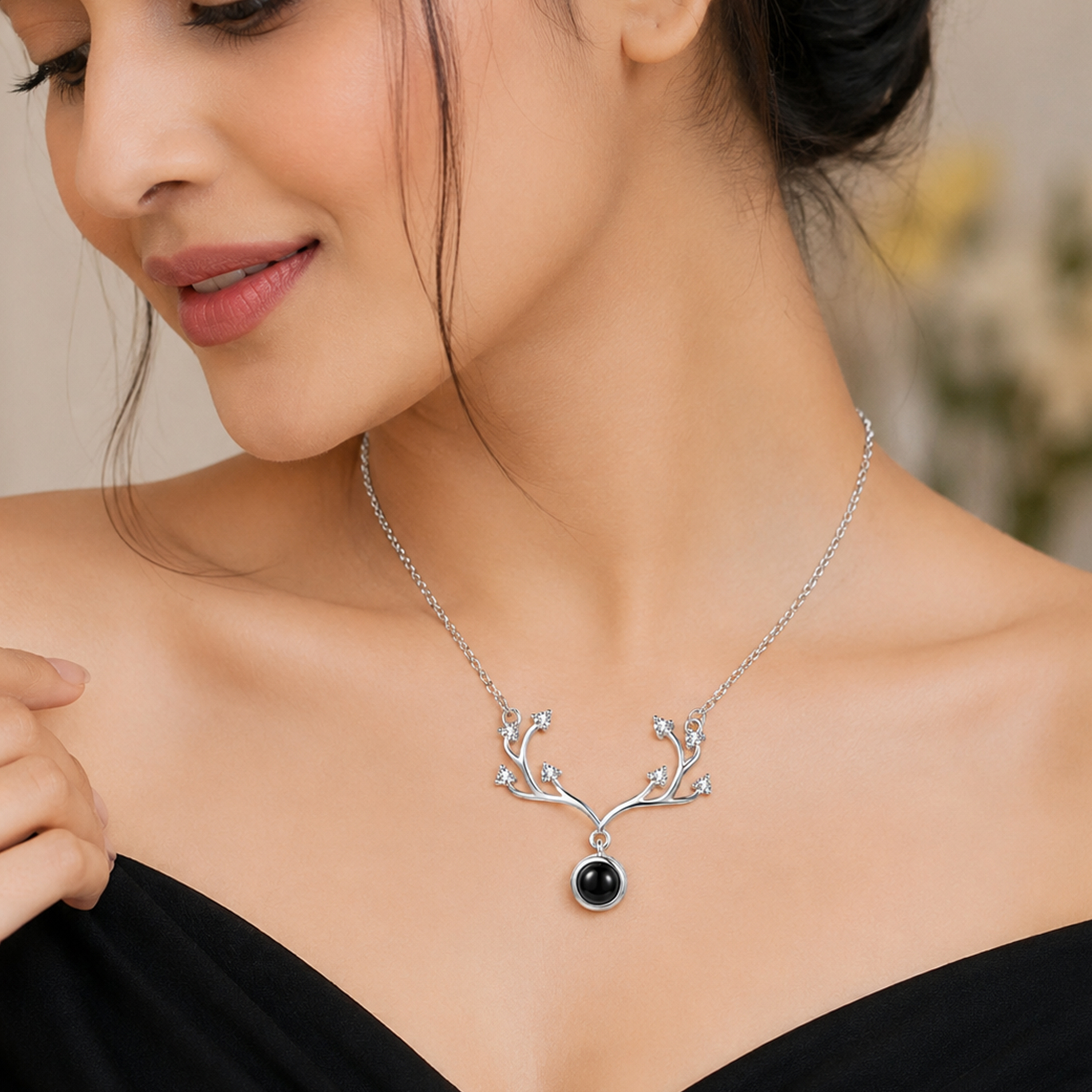 Elegant Black Stone Branch Design Pendant Necklace for Women | Silver-Tone CZ Crystal Pendant | Nature Inspired Fashion Jewelry - Image 2