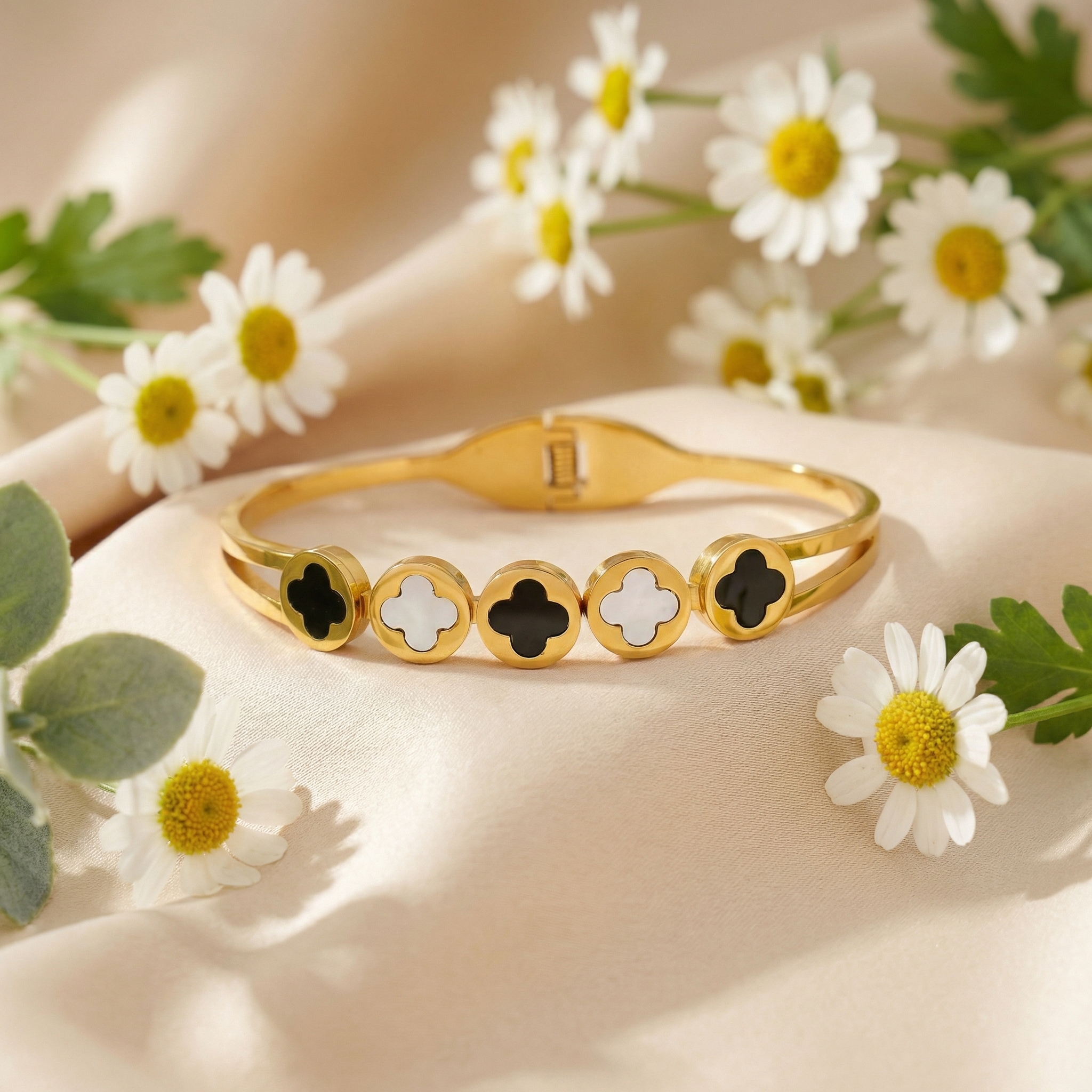Elegant Anti Tarnish Bracelet with Black and White Enamel Accents - Image 5