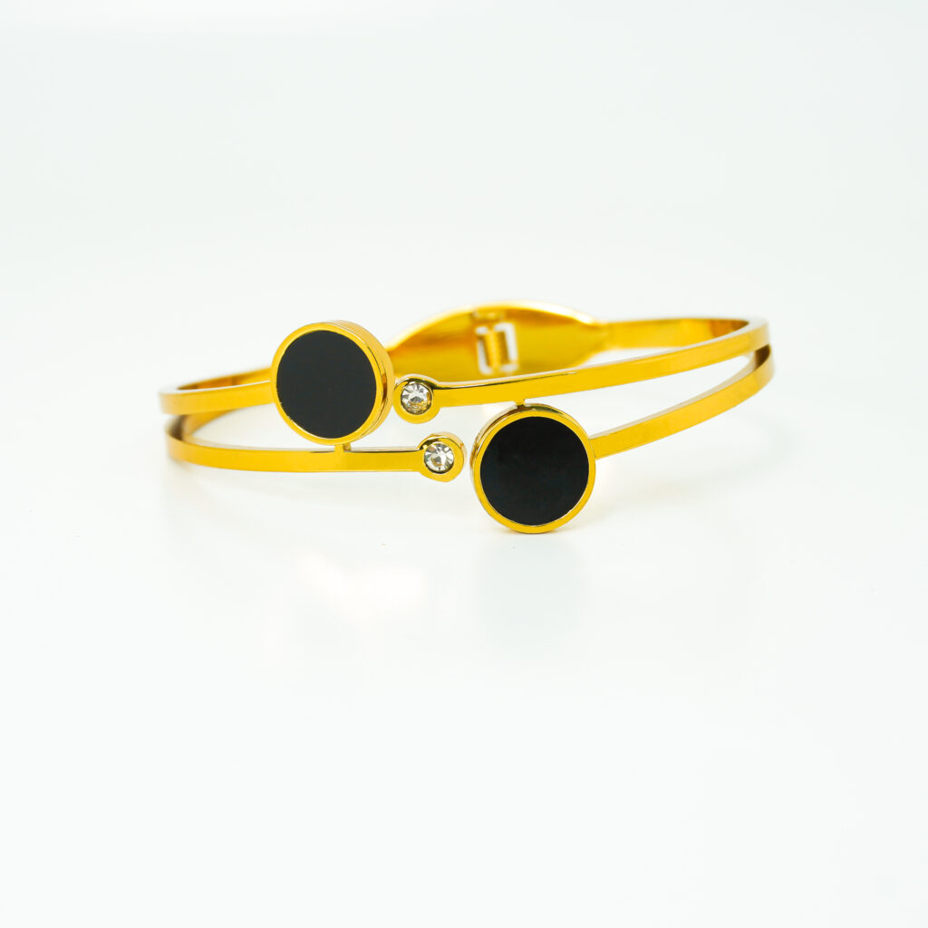 Elegant Anti Tarnish Dual Disc Bracelet with Black Stone Accents