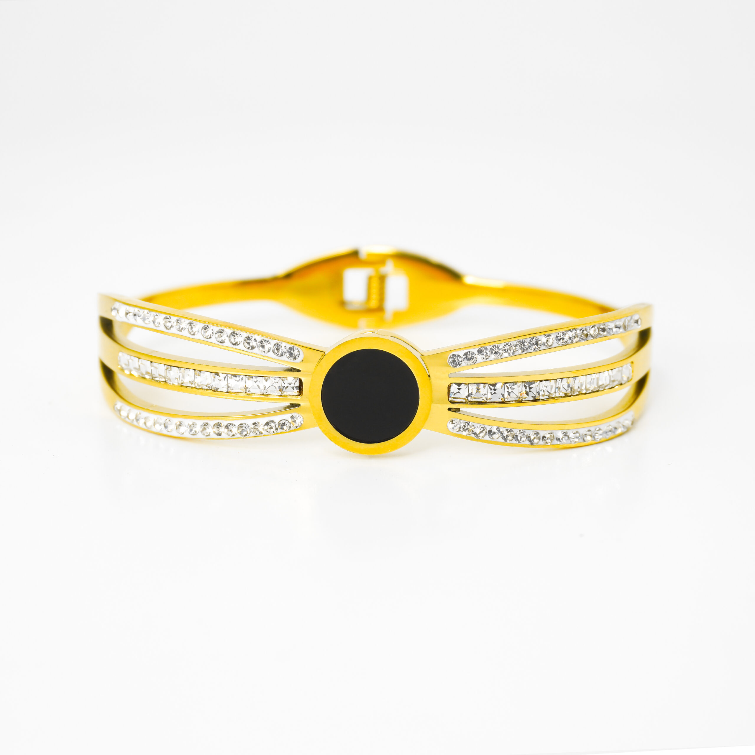 Anti Tarnish Multi-Layer Crystal Bracelet with Black Stone Center