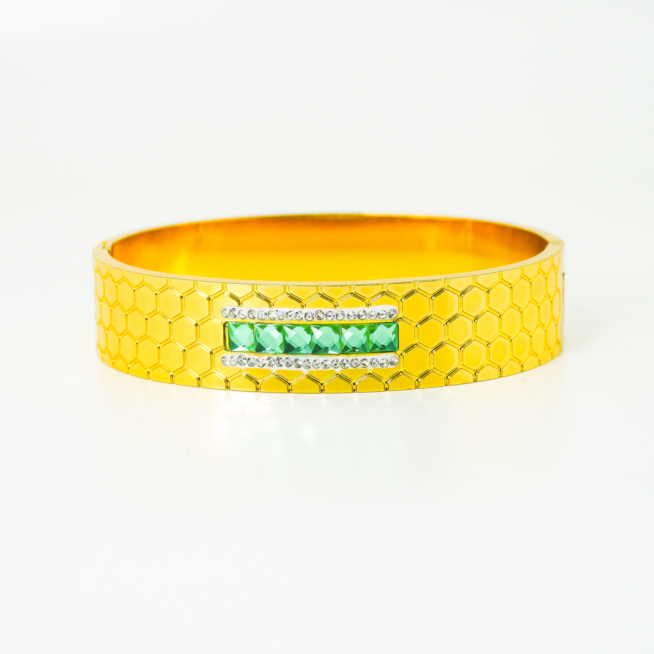 Premium Gold-Tone Honeycomb Texture Bracelet with Green Crystal Bar