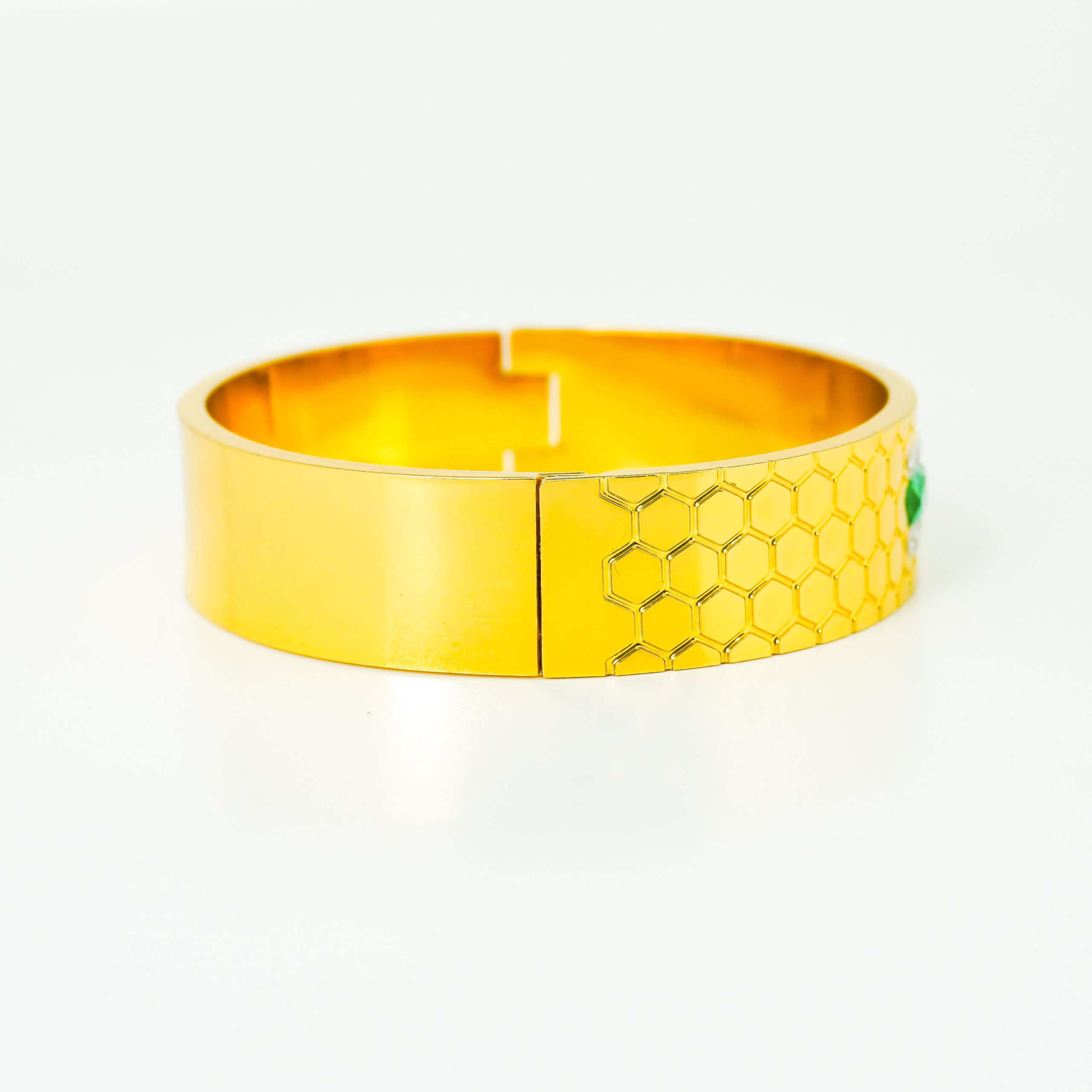Premium Gold-Tone Honeycomb Texture Bracelet with Green Crystal Bar - Image 2