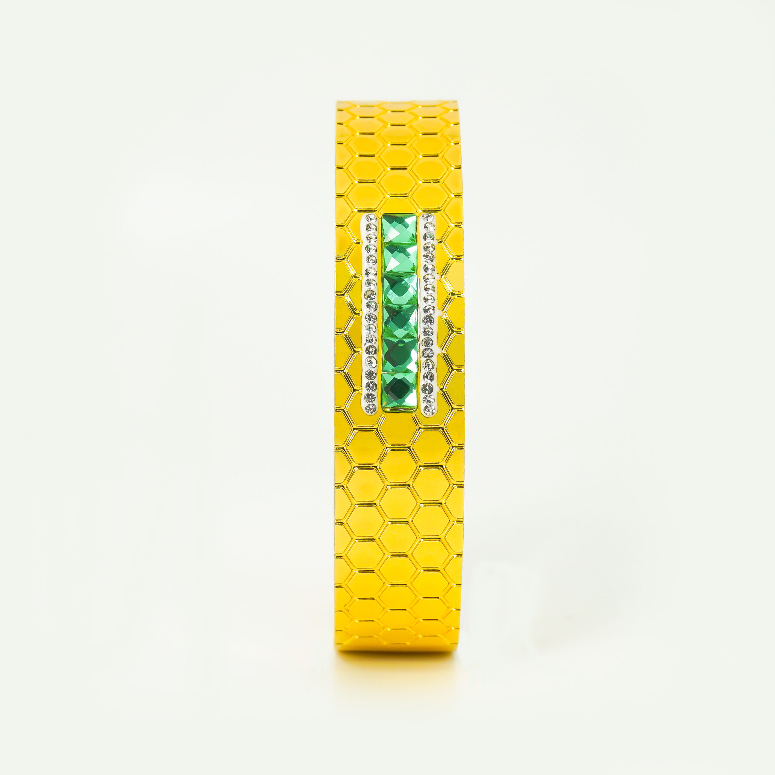 Premium Gold-Tone Honeycomb Texture Bracelet with Green Crystal Bar - Image 3