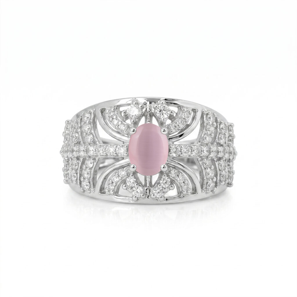 Pink Stone Silver Tone Statement Ring for Women | American Diamond Crystal Ring | Party, Wedding & Special Occasion Jewelry
