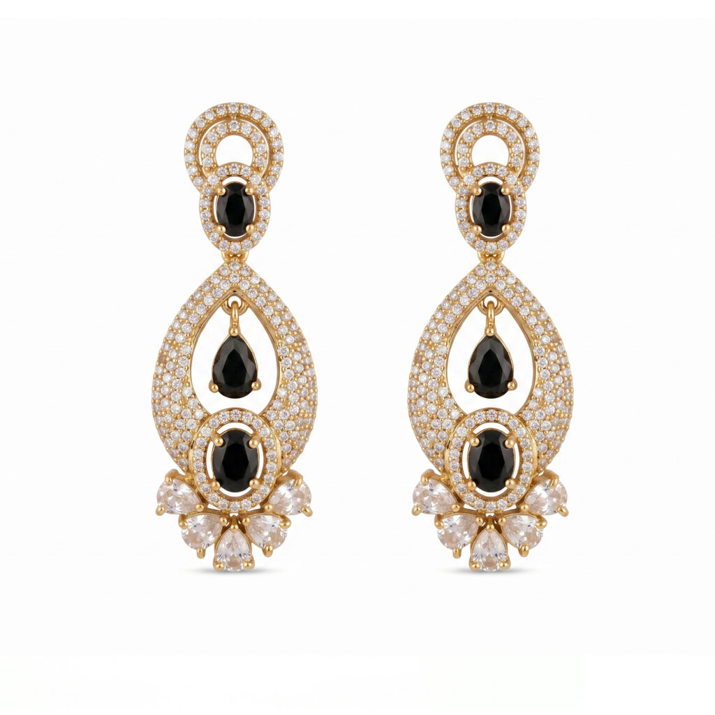 Gold Tone Black Stone Chandelier Earrings for Women