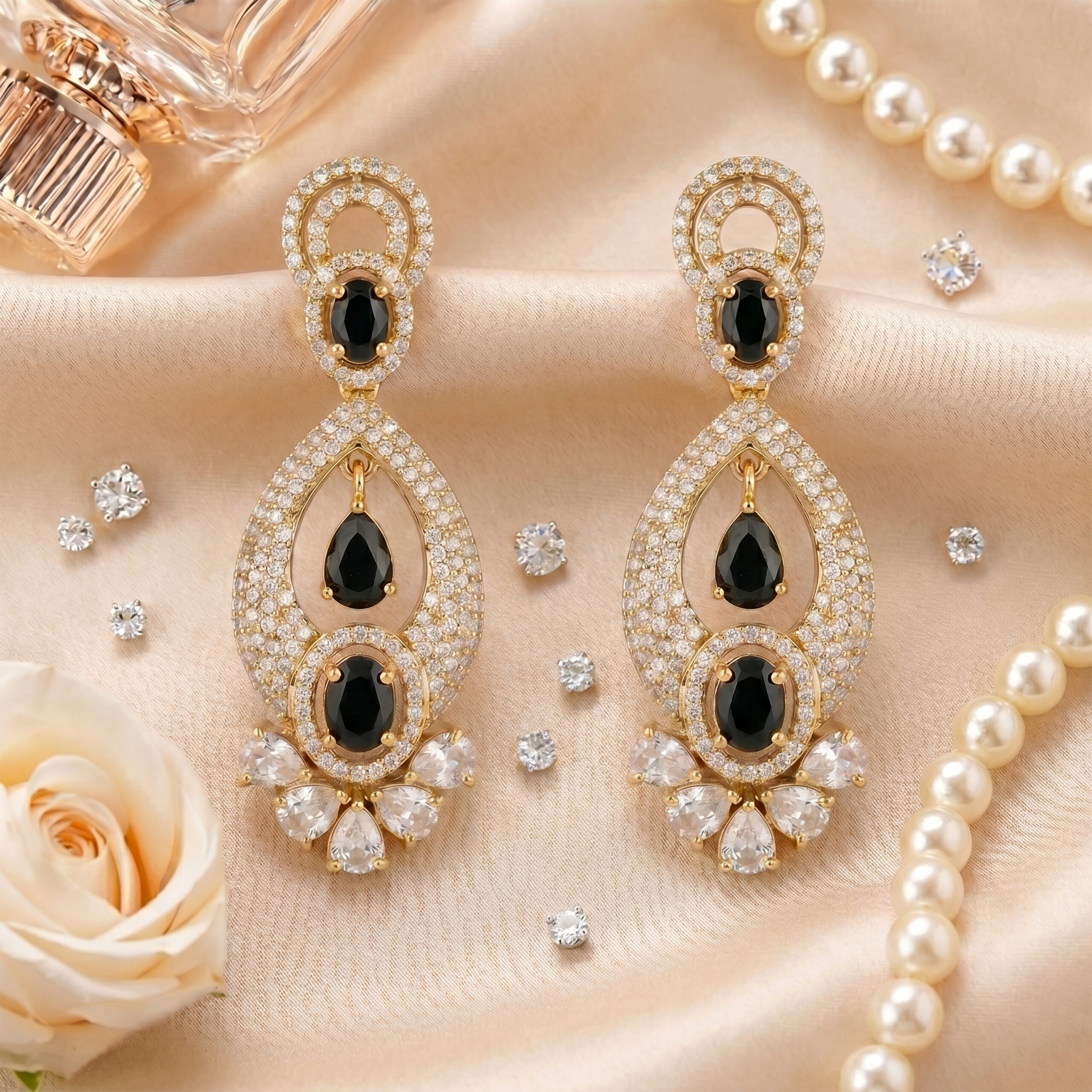 Gold Tone Black Stone Chandelier Earrings for Women