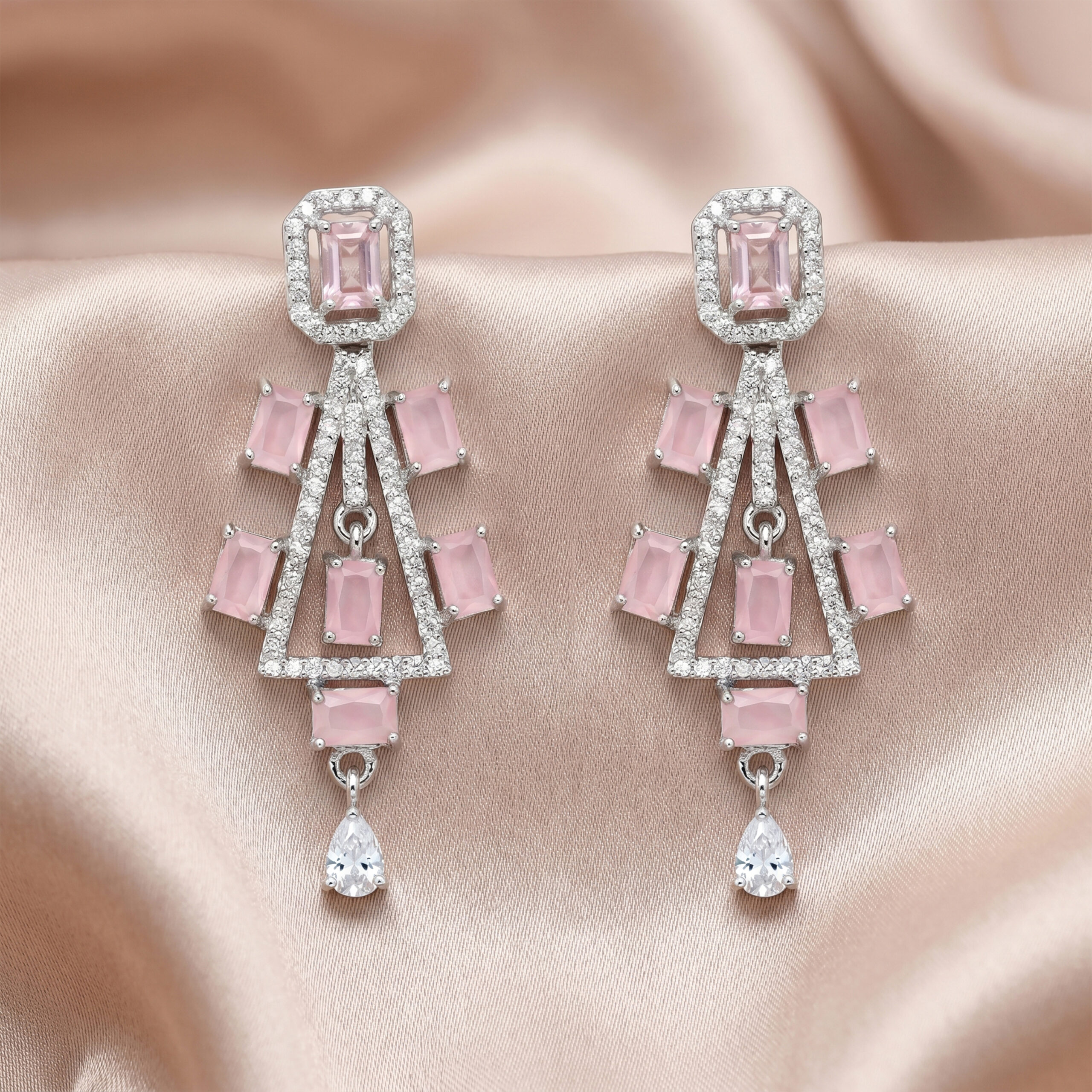 American Diamond Pink Stone Drop Earrings for Women
