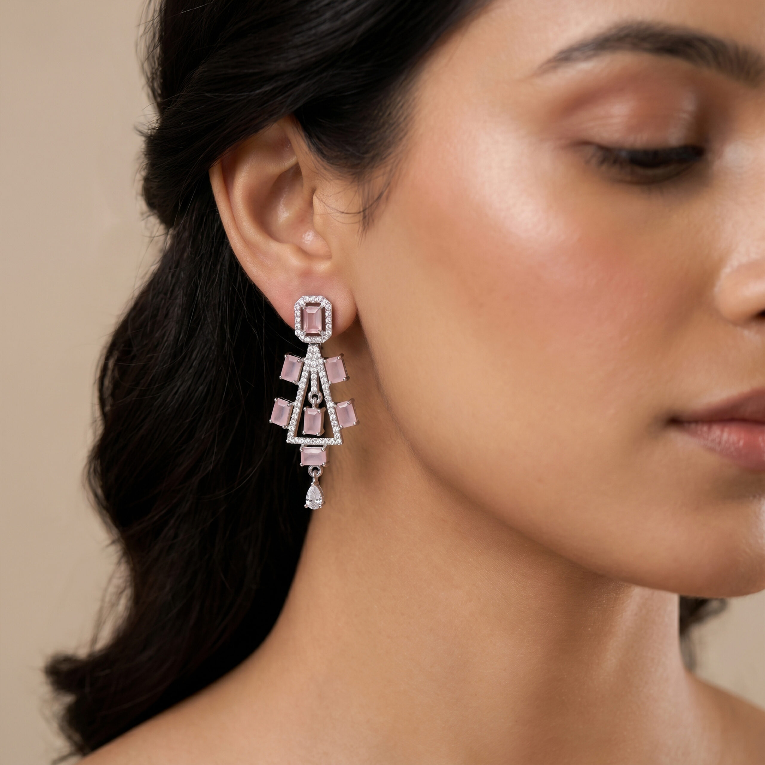 American Diamond Pink Stone Drop Earrings for Women