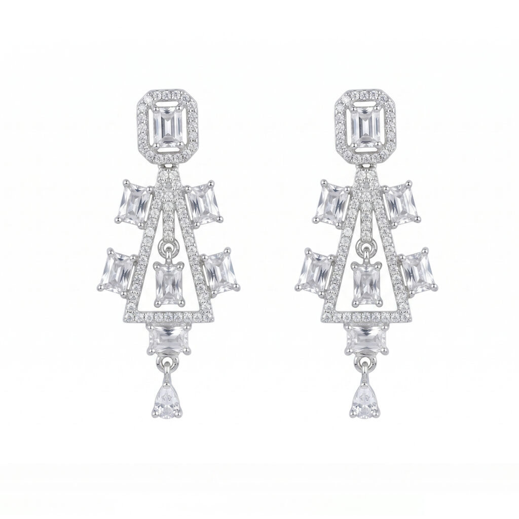 American Diamond Drop Earrings for Women | Silver Tone Crystal Designer Danglers | Elegant Party & Wedding Wear Jewelry