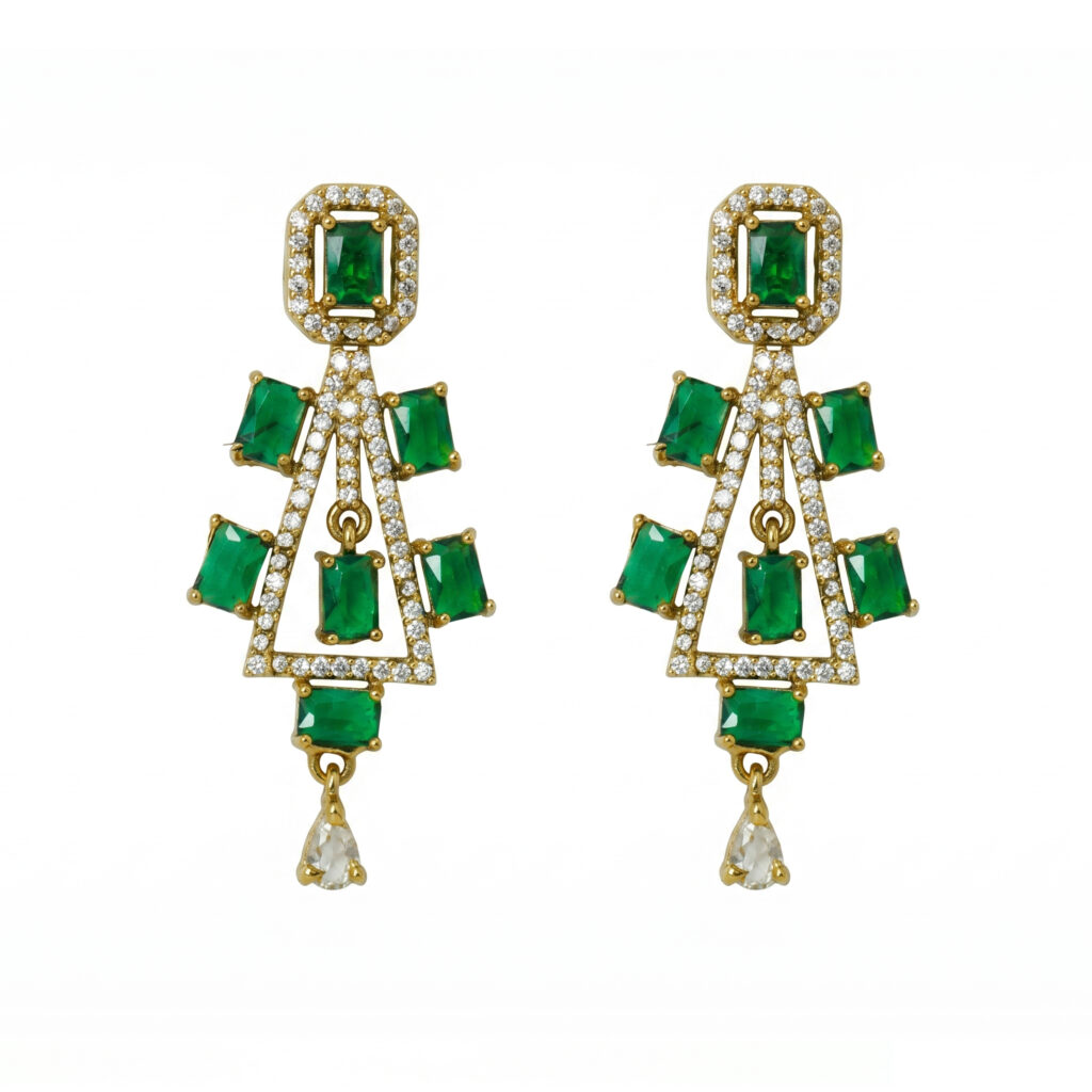 American Diamond Green Stone Drop Earrings for Women | Gold Tone Crystal Designer Danglers | Elegant Party & Wedding Wear Jewelry