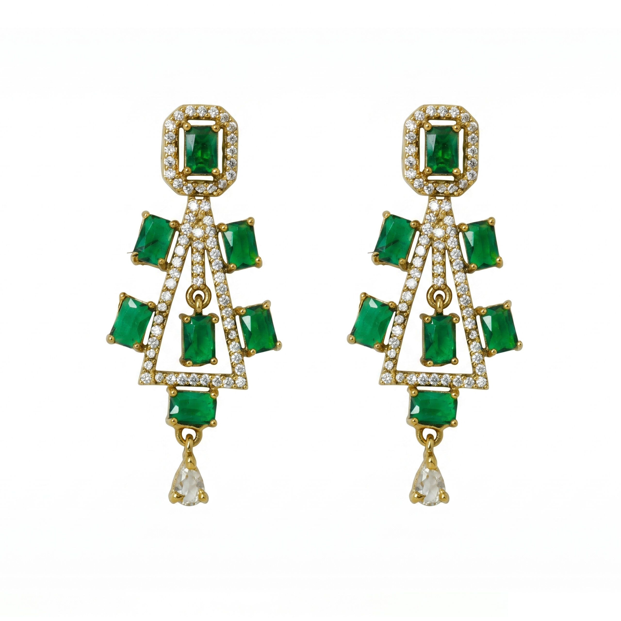American Diamond Green Stone Drop Earrings for Women | Gold Tone Crystal Designer Danglers | Elegant Party & Wedding Wear Jewelry