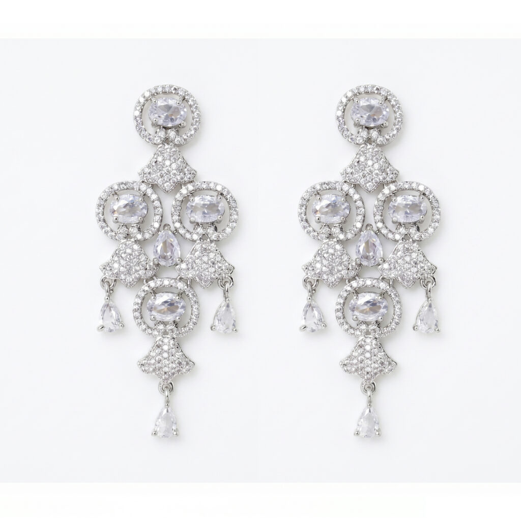American Diamond Chandelier Earrings for Women | Silver Tone Crystal Designer Drop Earrings | Bridal, Party & Wedding Wear Jewelry