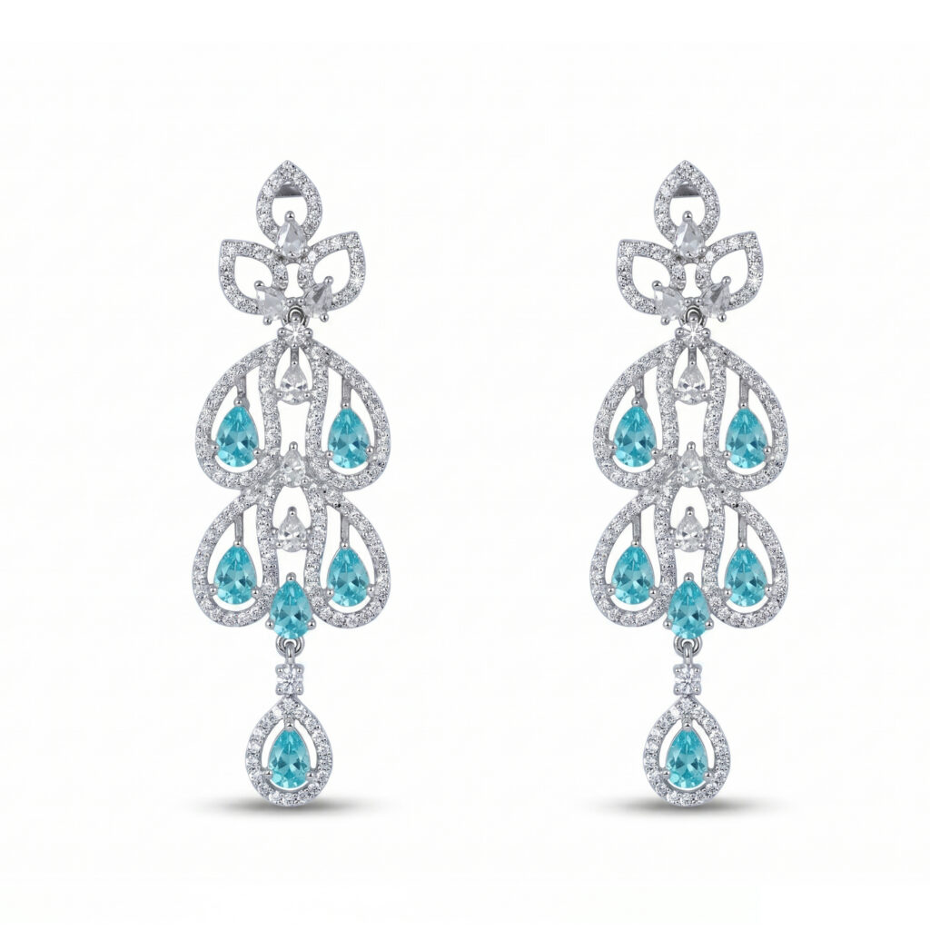 American Diamond Aqua Blue Drop Earrings for Women | Silver Tone Designer Chandelier Earrings | Party & Wedding Wear Jewelry