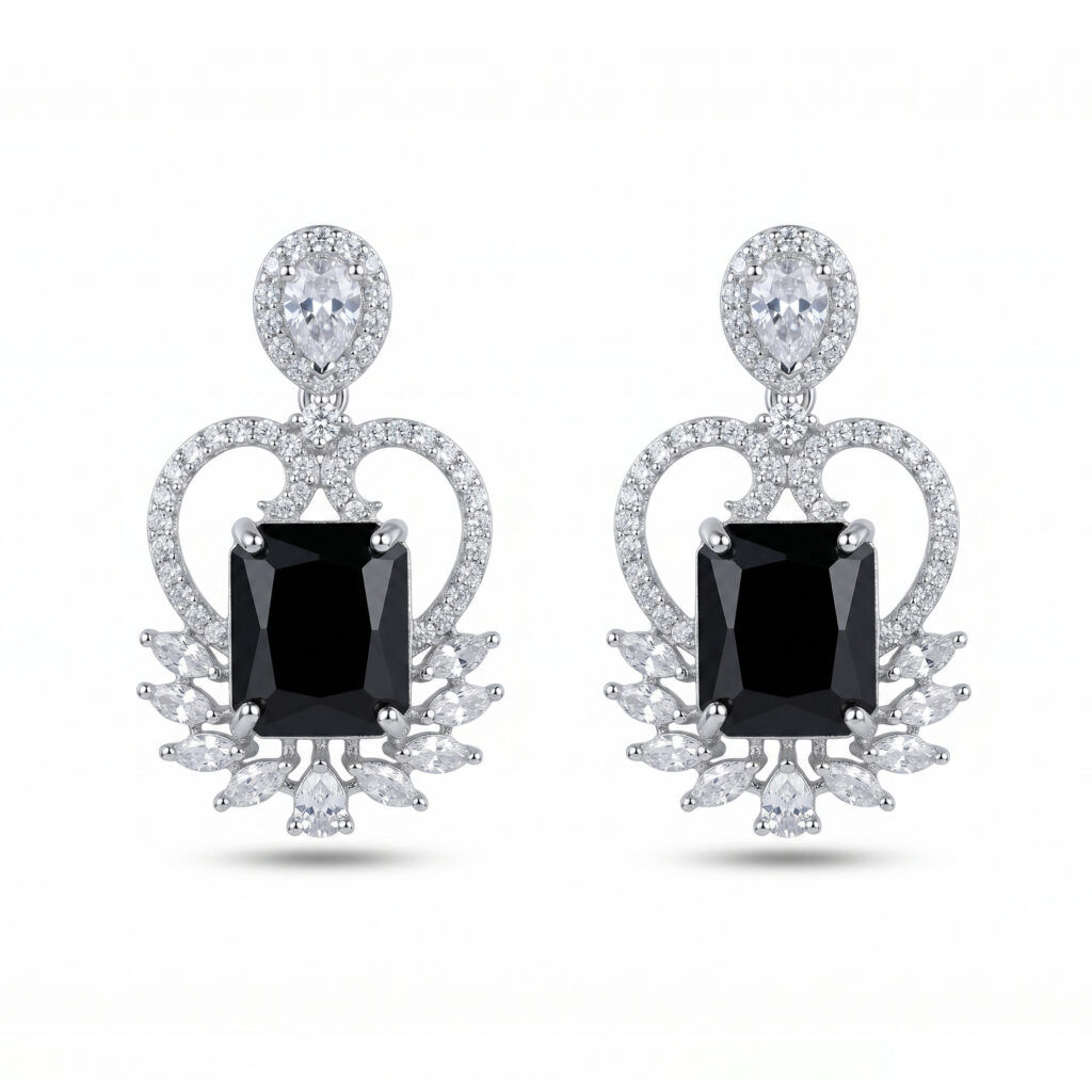 Luxury American Diamond Black Stone Pendant Necklace | Silver Plated Elegant Designer Necklace for Women | Party Wear & Wedding Jewellery