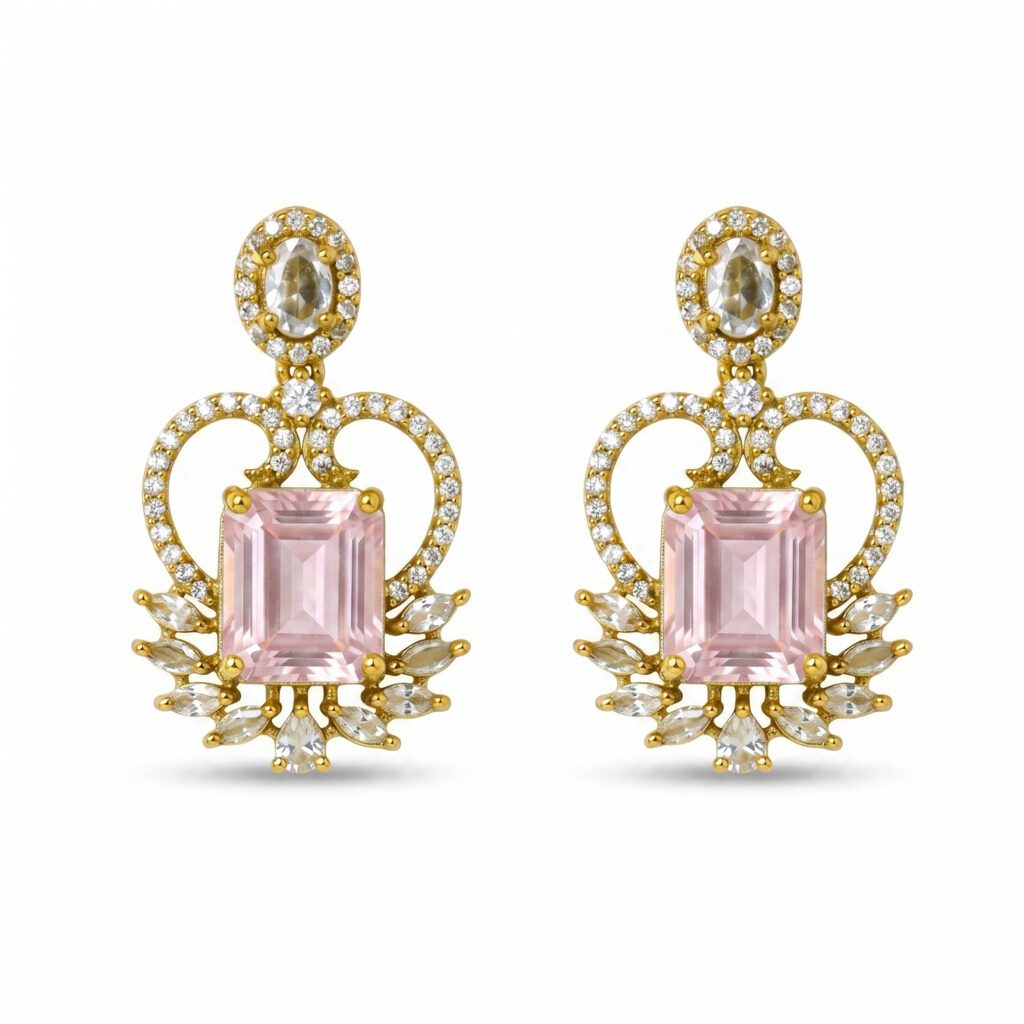 Elegant Pink Stone American Diamond Earrings for Women | Gold Plated Designer Drop Earrings | Luxury Party Wear & Wedding Jewelry