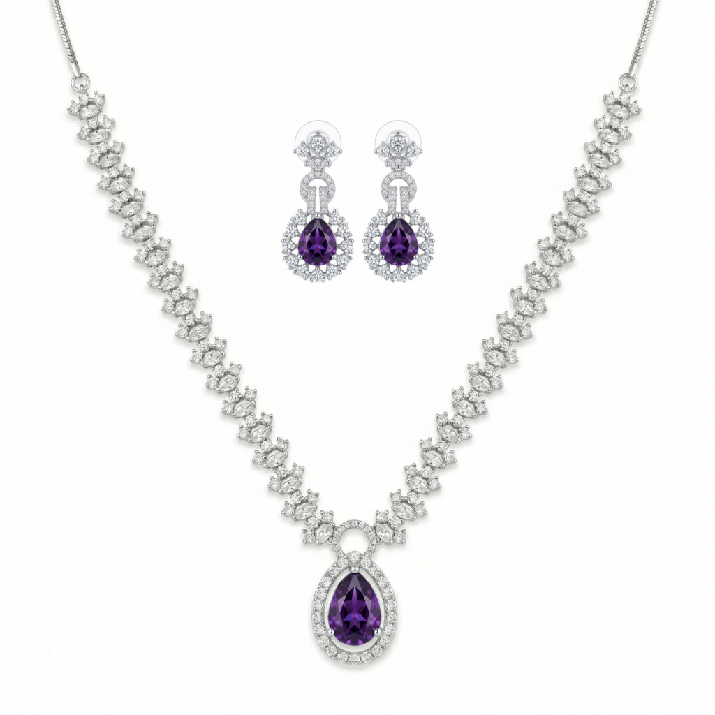Elegant American Diamond Necklace Set with Purple Teardrop Stone Pendant & Matching Earrings | Silver Tone Party Wear Jewellery Set for Women