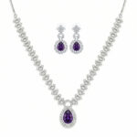 Elegant American Diamond Necklace Set with Purple Teardrop Stone Pendant & Matching Earrings | Silver Tone Party Wear Jewellery Set for Women
