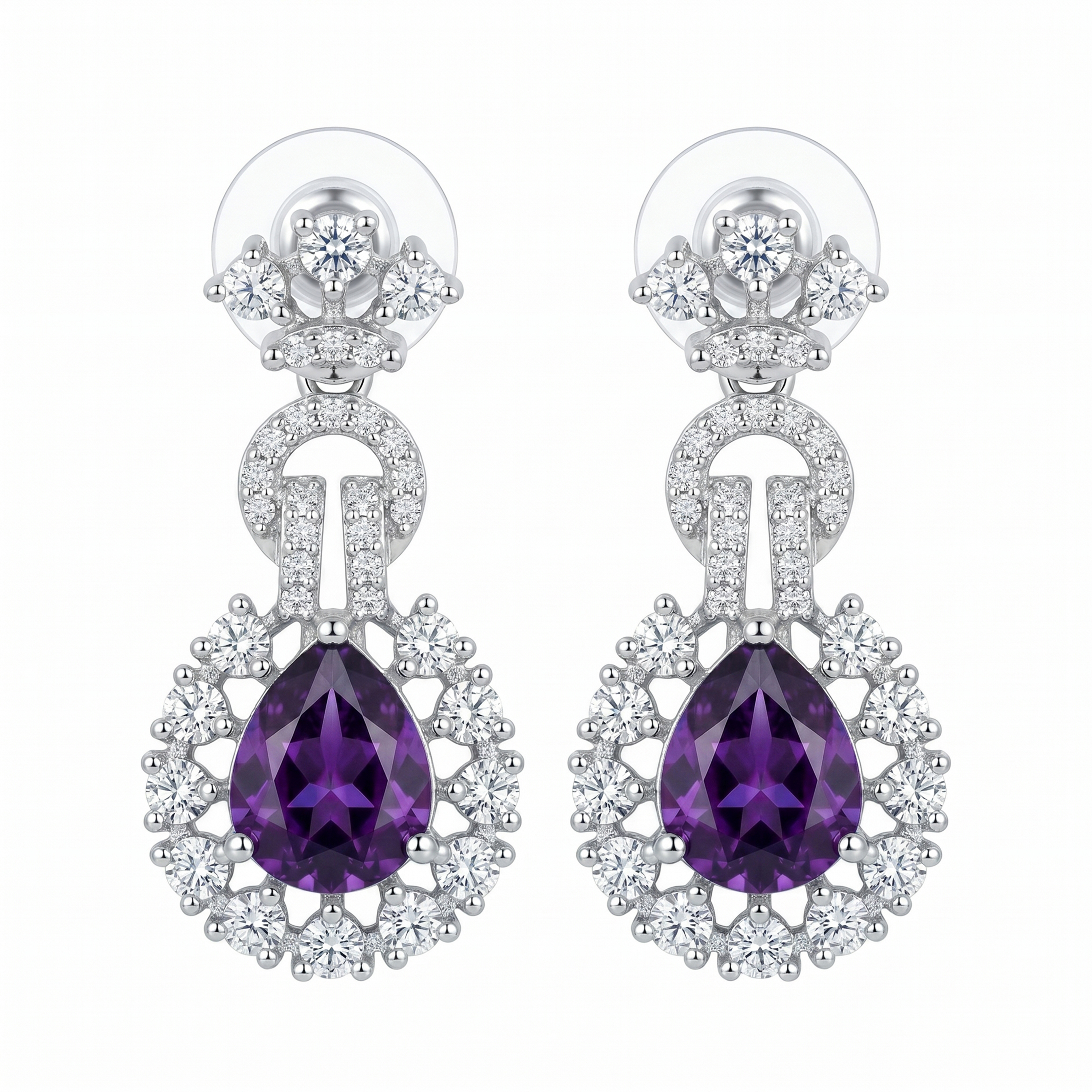 Elegant American Diamond Necklace Set with Purple Teardrop Stone Pendant & Matching Earrings | Silver Tone Party Wear Jewellery Set for Women - Image 2