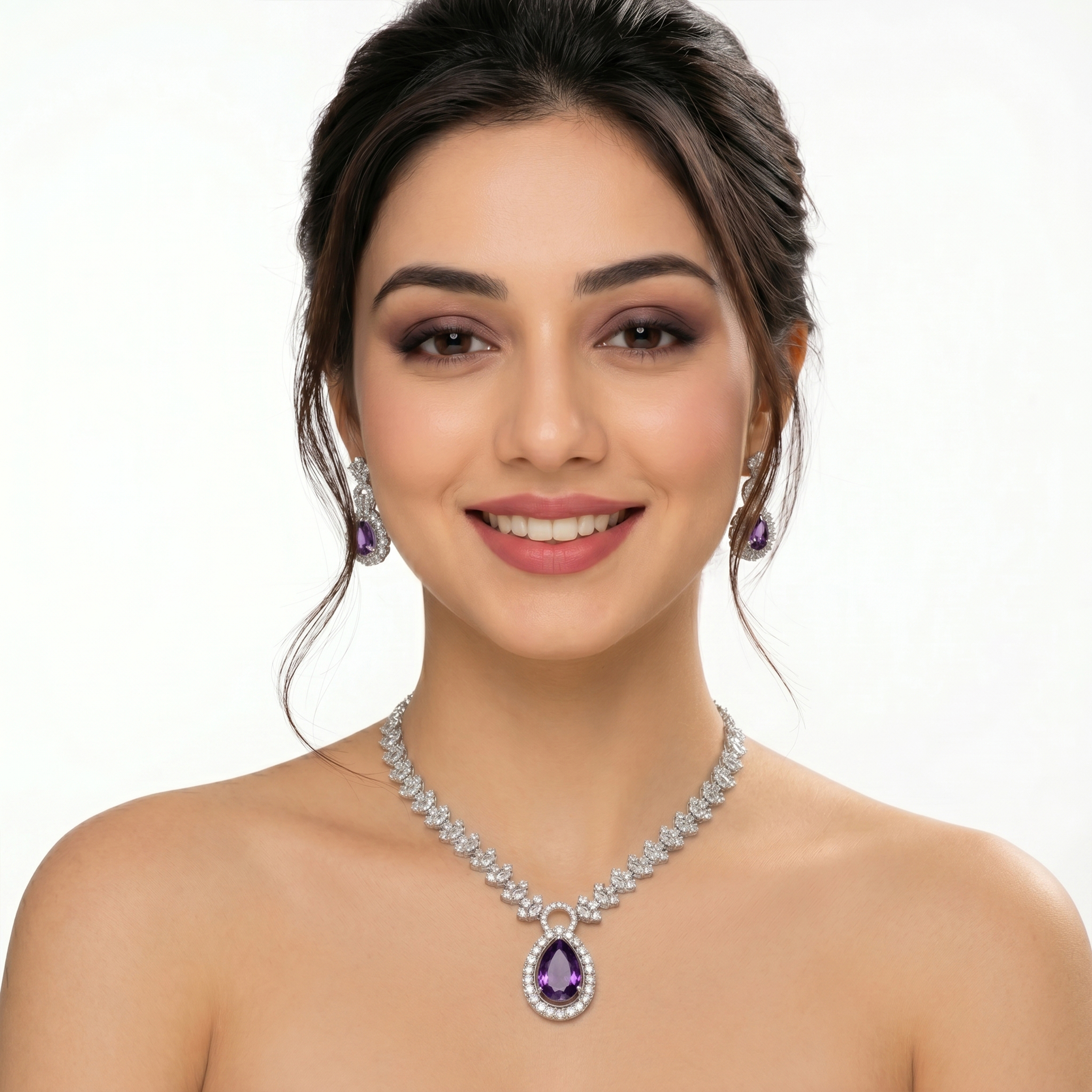 Elegant American Diamond Necklace Set with Purple Teardrop Stone Pendant & Matching Earrings | Silver Tone Party Wear Jewellery Set for Women - Image 4