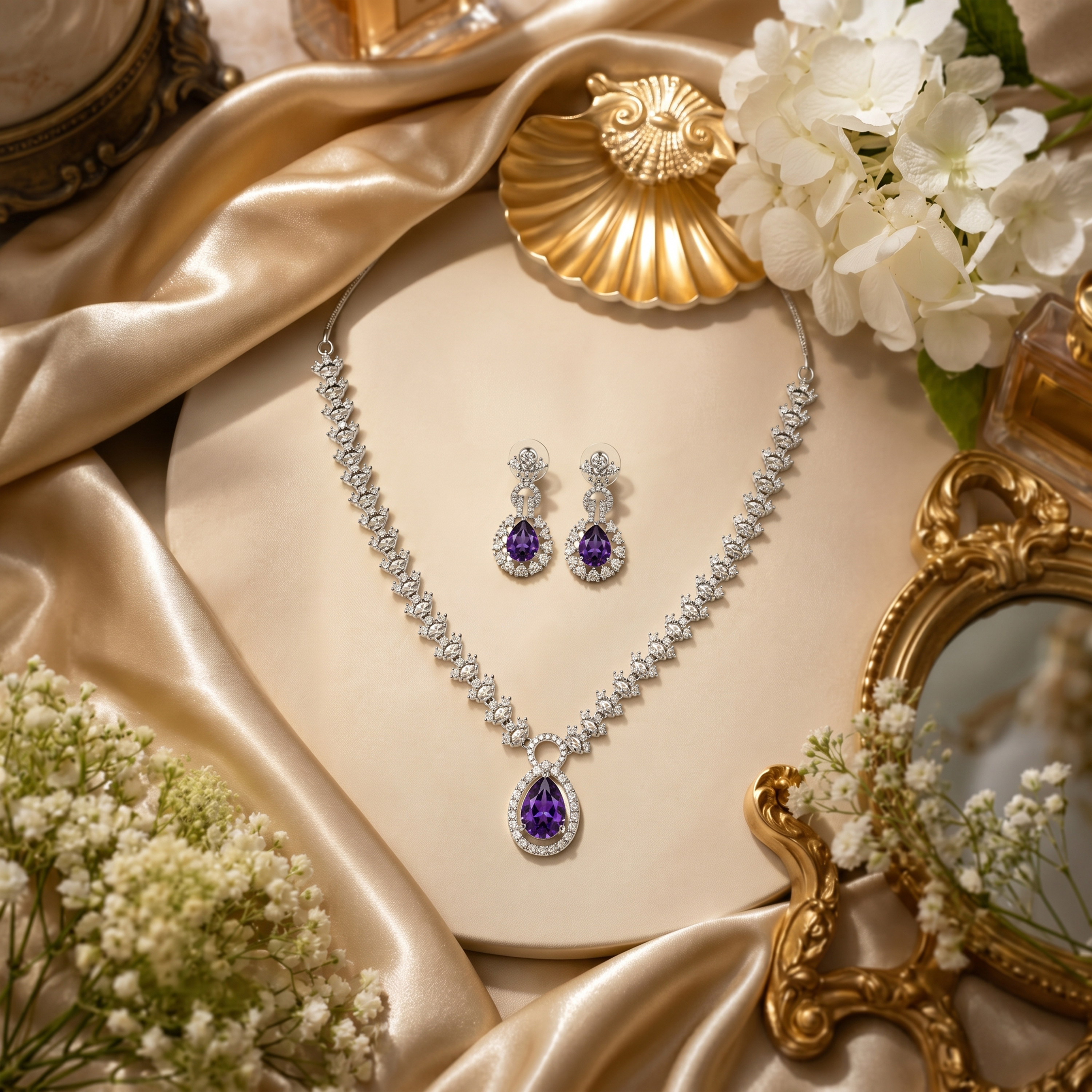 Elegant American Diamond Necklace Set with Purple Teardrop Stone Pendant & Matching Earrings | Silver Tone Party Wear Jewellery Set for Women - Image 5