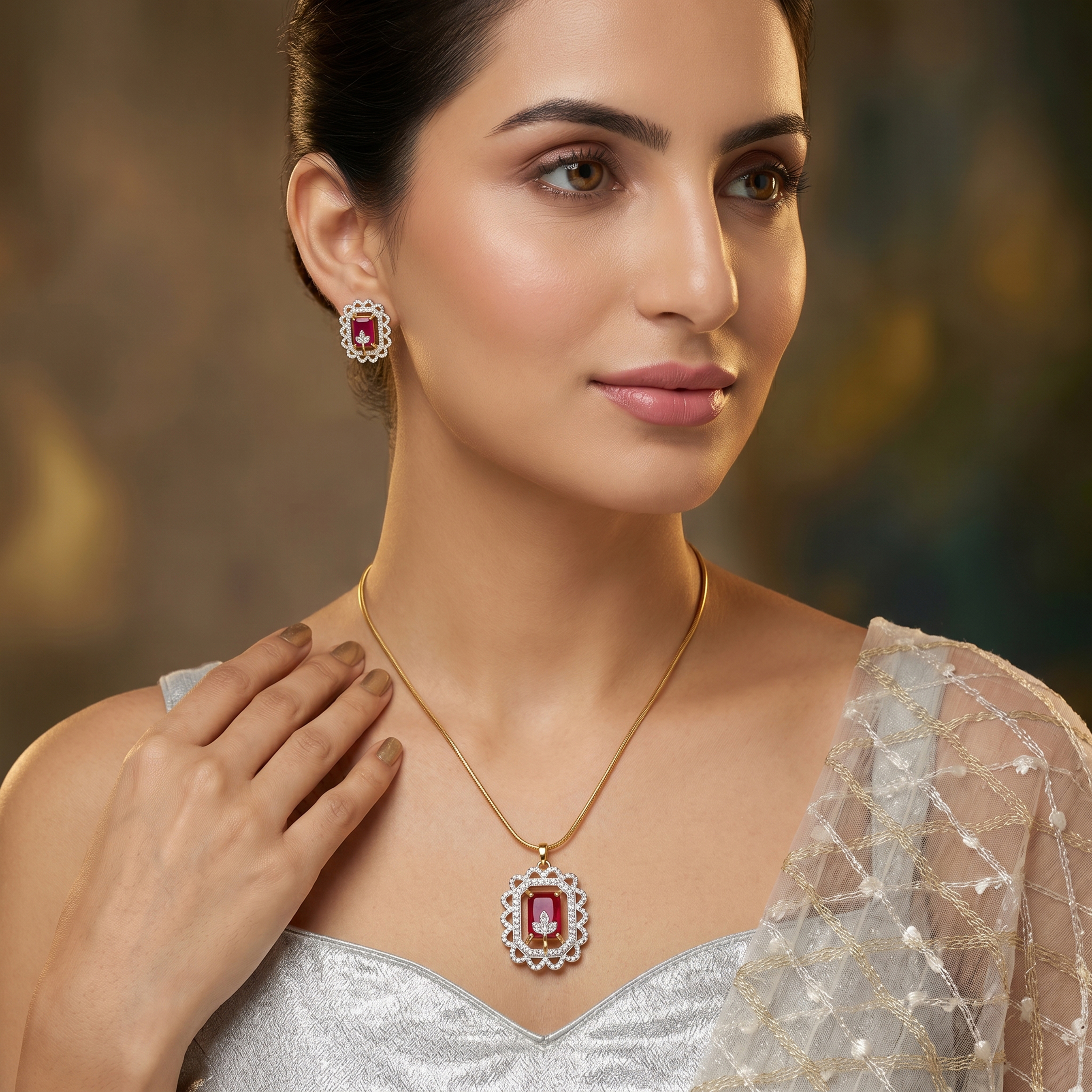 Elegant Ruby Red American Diamond Pendant Necklace Set with Matching Stud Earrings for Women | Gold Tone Chain | Party Wear & Wedding Jewellery
