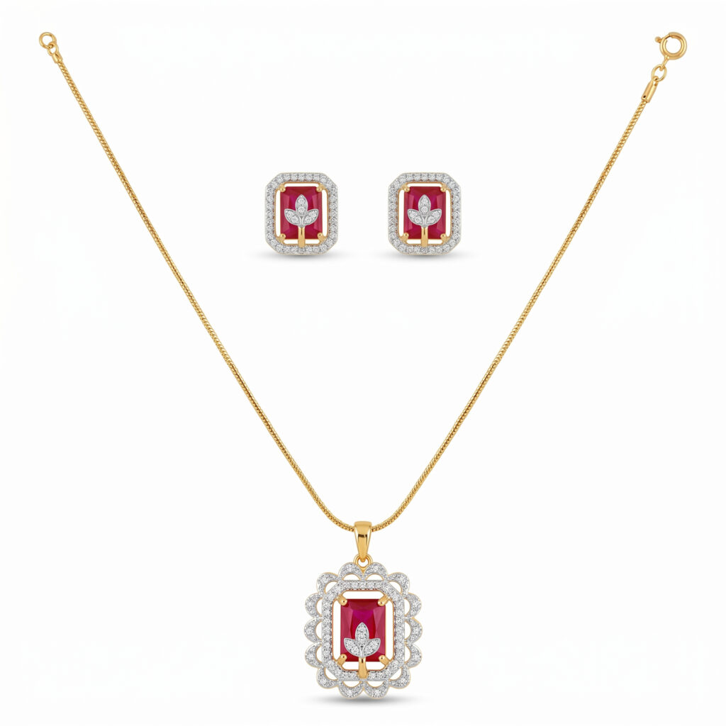 Elegant Ruby Red Pendant Necklace Set with Matching Stud Earrings | Gold Tone Chain & American Diamond Accents for Women