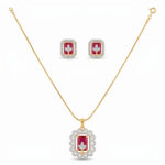 Elegant Ruby Red Pendant Necklace Set with Matching Stud Earrings | Gold Tone Chain & American Diamond Accents for Women