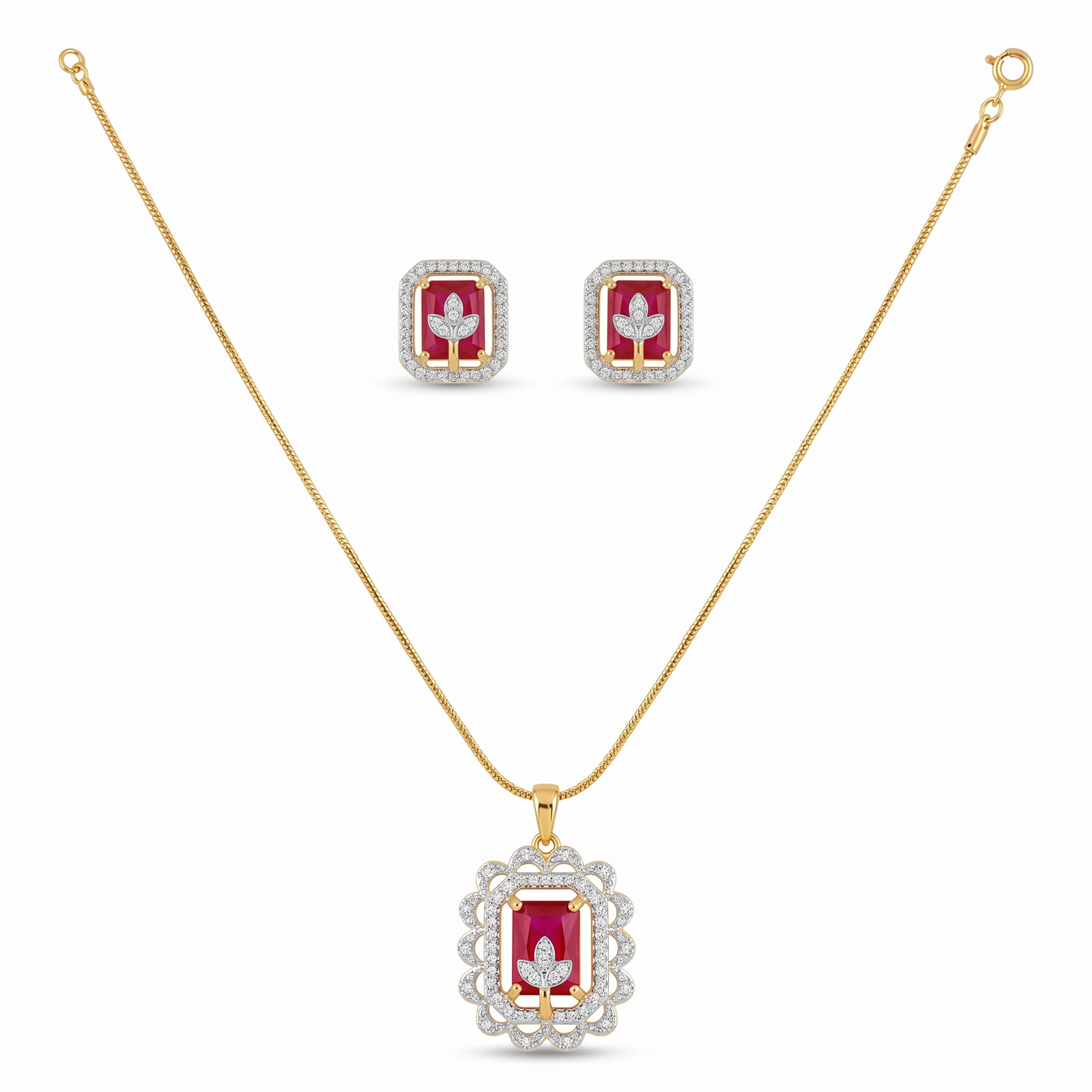 Elegant Ruby Red Pendant Necklace Set with Matching Stud Earrings | Gold Tone Chain & American Diamond Accents for Women