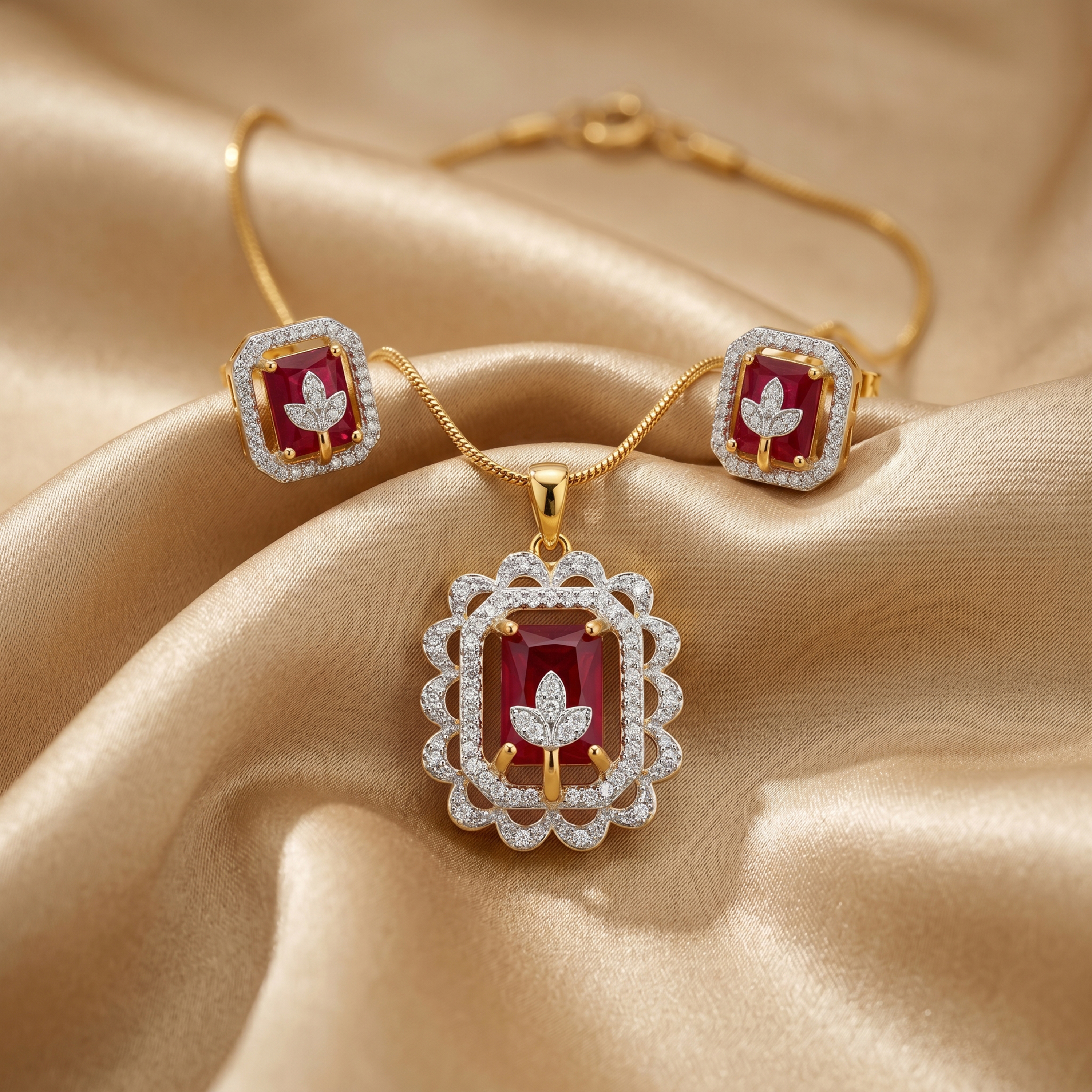 Elegant Ruby Red Pendant Necklace Set with Matching Stud Earrings | Gold Tone Chain & American Diamond Accents for Women - Image 4