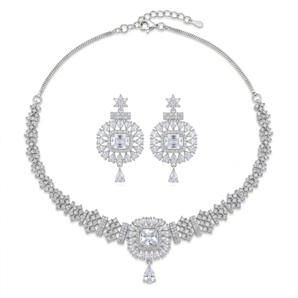 Elegant American Diamond Bridal Necklace Set for Women | Silver-Tone Statement Jewellery Set with Matching Drop Earrings | Wedding, Party & Festive Wear