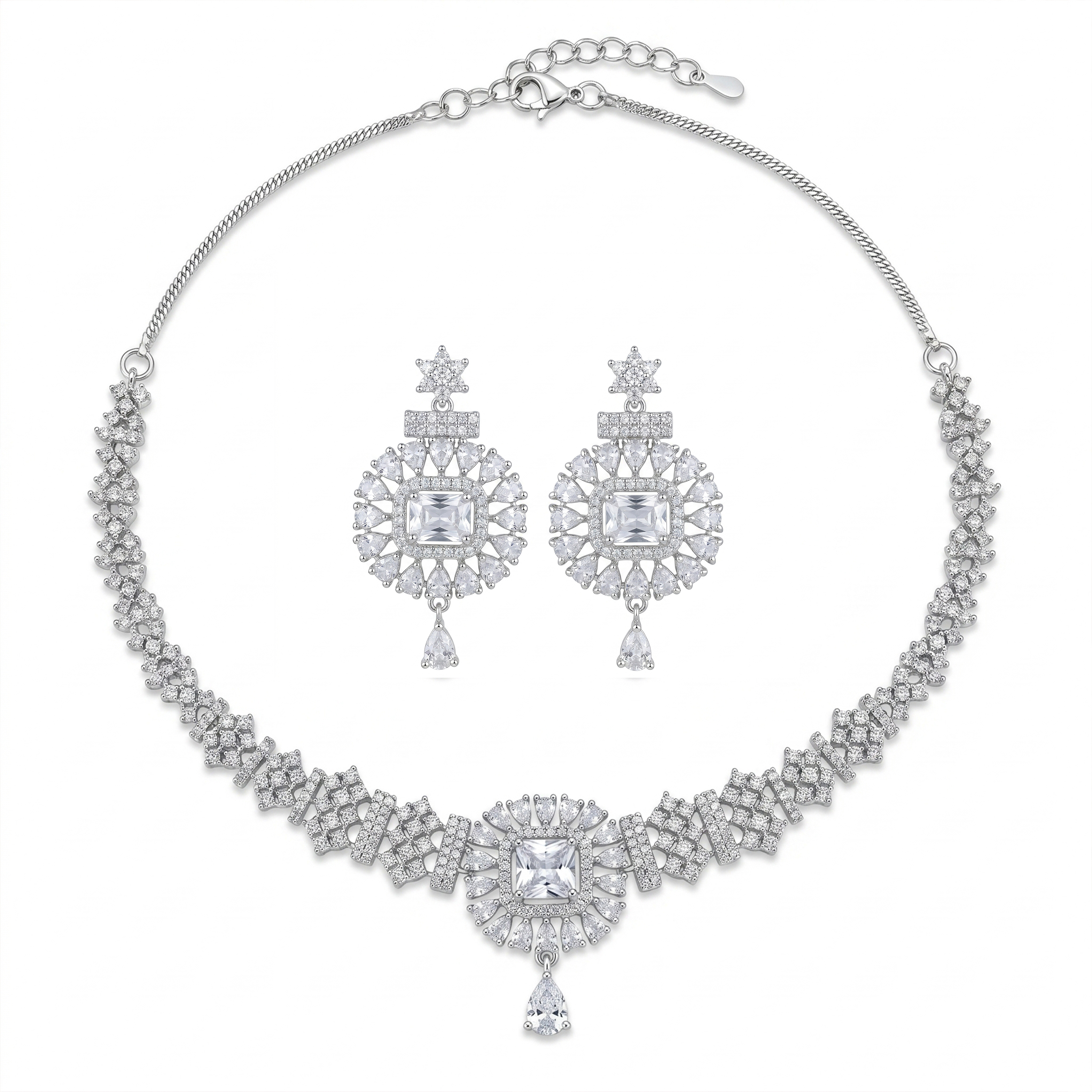 Elegant American Diamond Bridal Necklace Set for Women | Silver-Tone Statement Jewellery Set with Matching Drop Earrings | Wedding, Party & Festive Wear