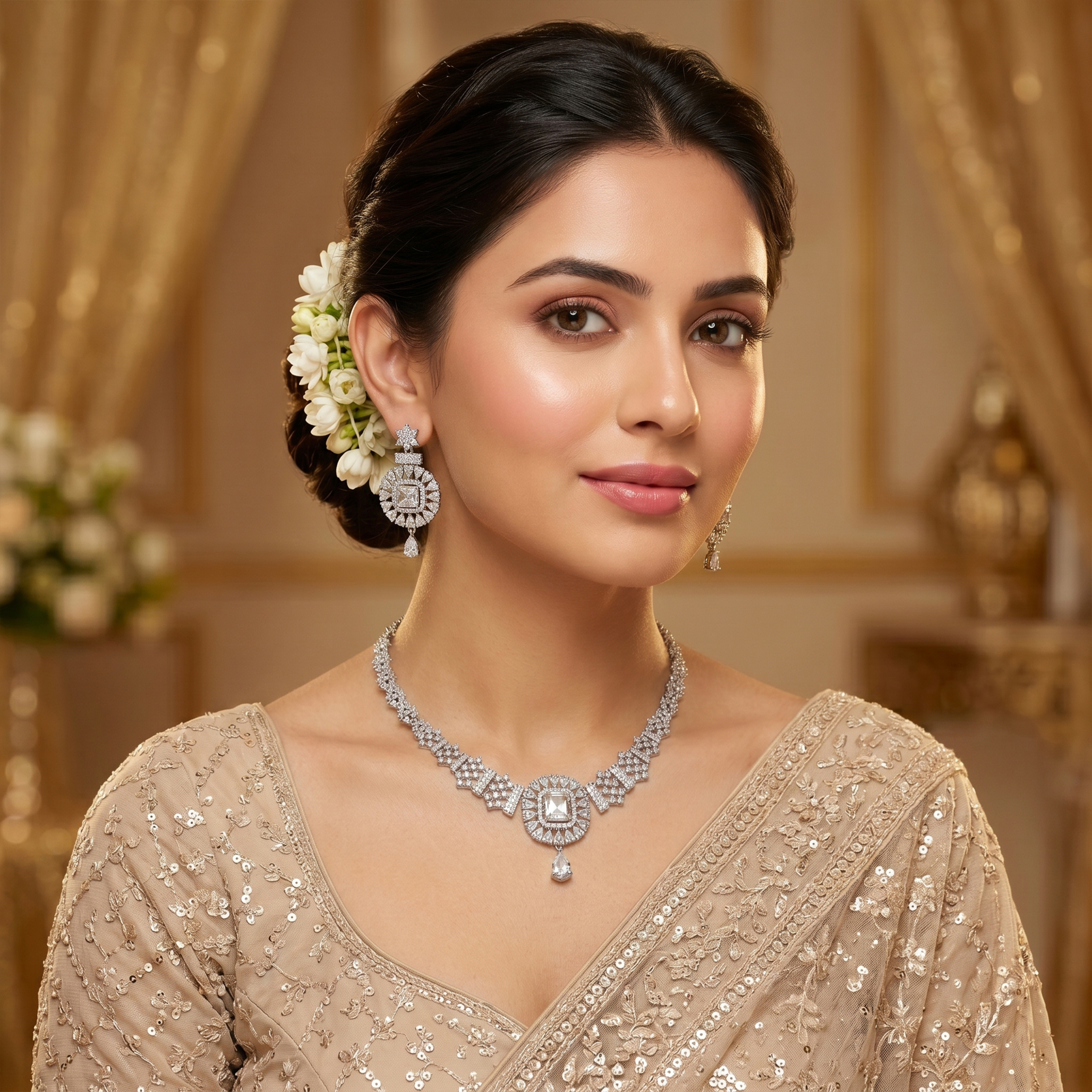 Elegant American Diamond Bridal Necklace Set for Women | Silver-Tone Statement Jewellery Set with Matching Drop Earrings | Wedding, Party & Festive Wear - Image 3