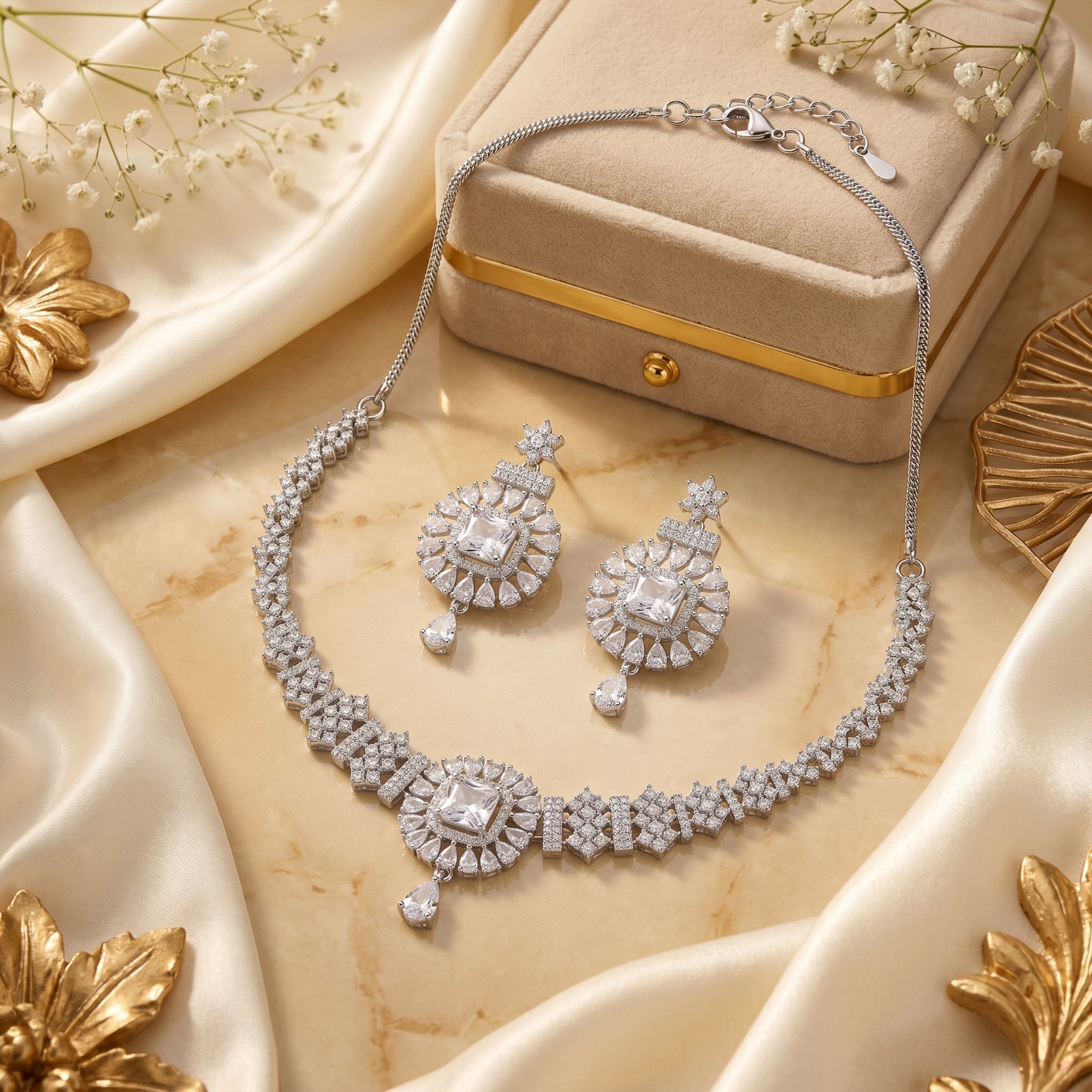 Elegant American Diamond Bridal Necklace Set for Women | Silver-Tone Statement Jewellery Set with Matching Drop Earrings | Wedding, Party & Festive Wear - Image 4