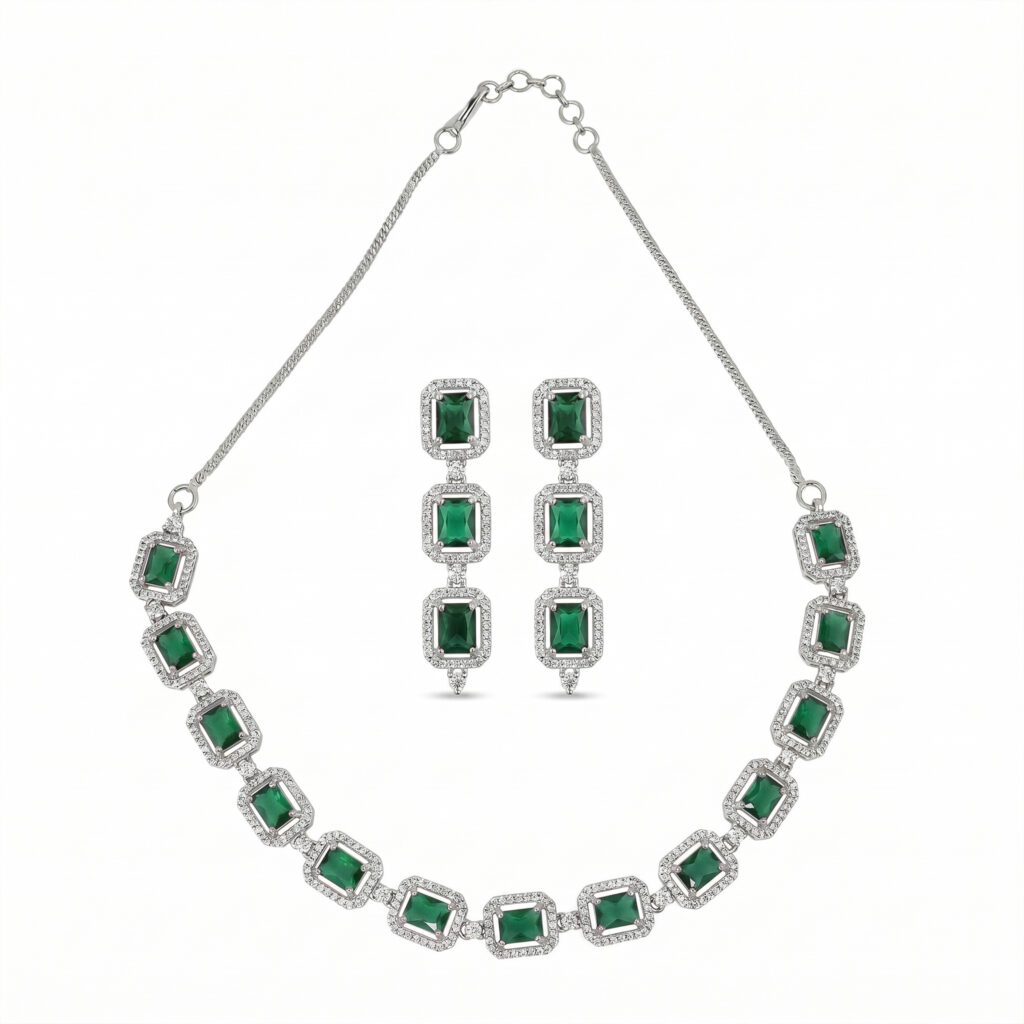 Emerald Green American Diamond Necklace Set for Women | Silver-Tone Statement Jewellery Set with Matching Drop Earrings | Wedding, Party & Festive Wear