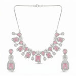 Pink American Diamond Necklace Set for Women | Silver-Tone Statement Jewellery Set with Matching Long Earrings | Wedding, Party & Festive Wear