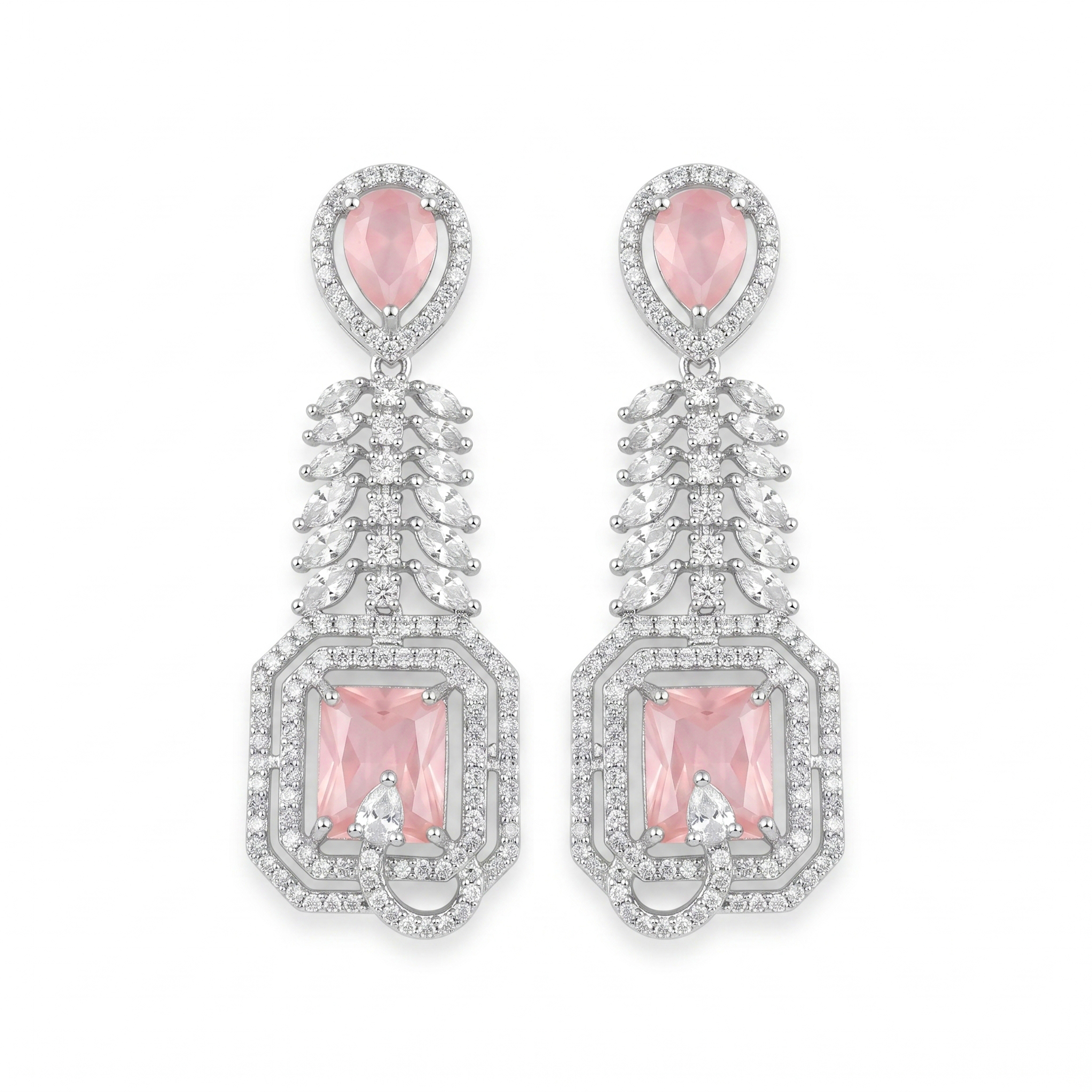Pink American Diamond Necklace Set for Women | Silver-Tone Statement Jewellery Set with Matching Long Earrings | Wedding, Party & Festive Wear - Image 2