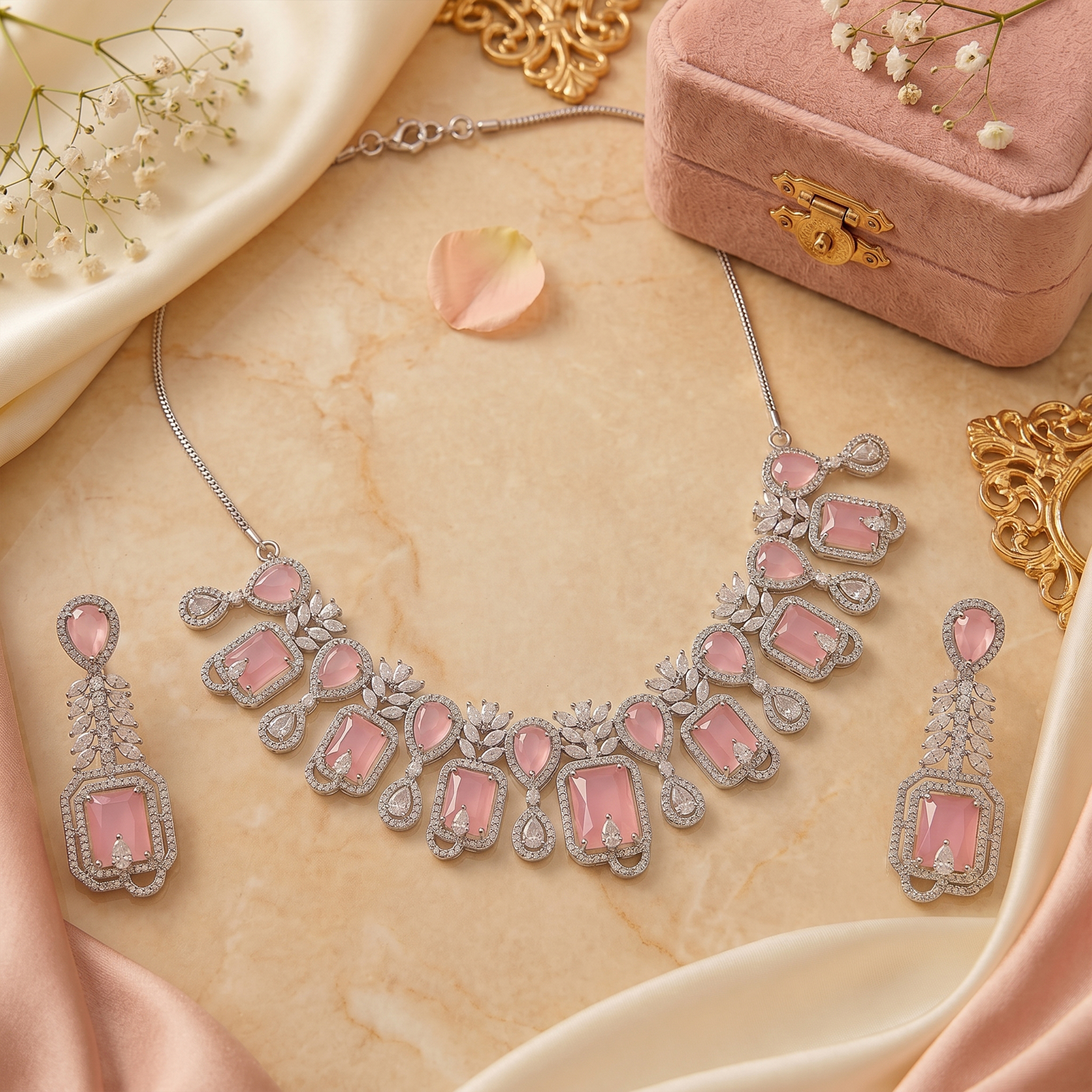 Pink American Diamond Necklace Set for Women | Silver-Tone Statement Jewellery Set with Matching Long Earrings | Wedding, Party & Festive Wear - Image 3