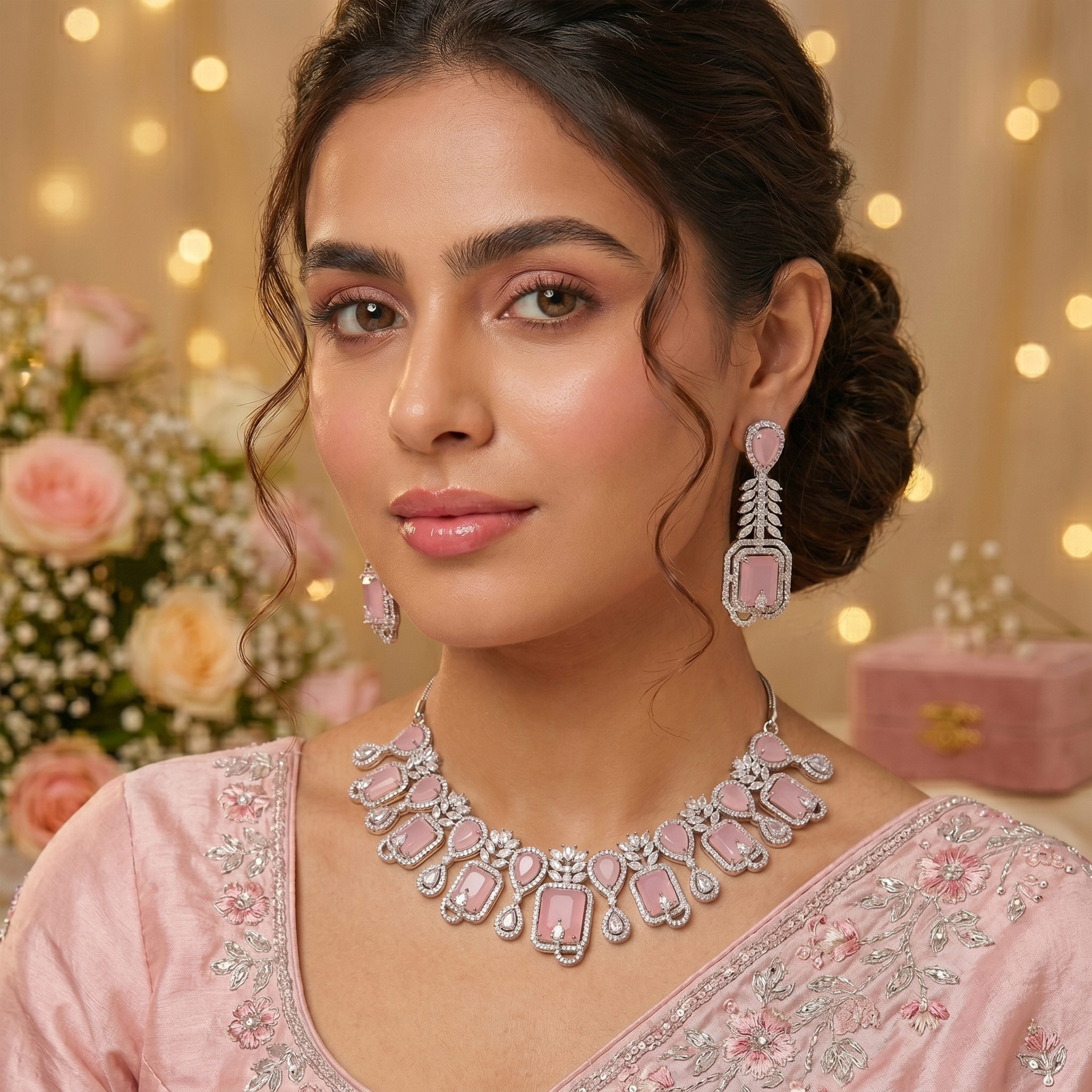 Pink American Diamond Necklace Set for Women | Silver-Tone Statement Jewellery Set with Matching Long Earrings | Wedding, Party & Festive Wear - Image 4