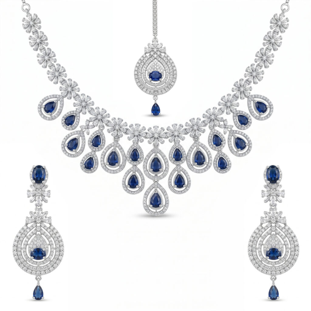 Luxury American Diamond Blue Sapphire Look Necklace Set for Women | Silver Tone Statement Bridal Jewelry Set with Matching Earrings & Maang Tikka | Wedding Party Wear