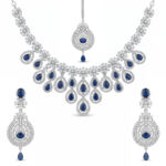 Luxury American Diamond Blue Sapphire Look Necklace Set for Women | Silver Tone Statement Bridal Jewelry Set with Matching Earrings & Maang Tikka | Wedding Party Wear