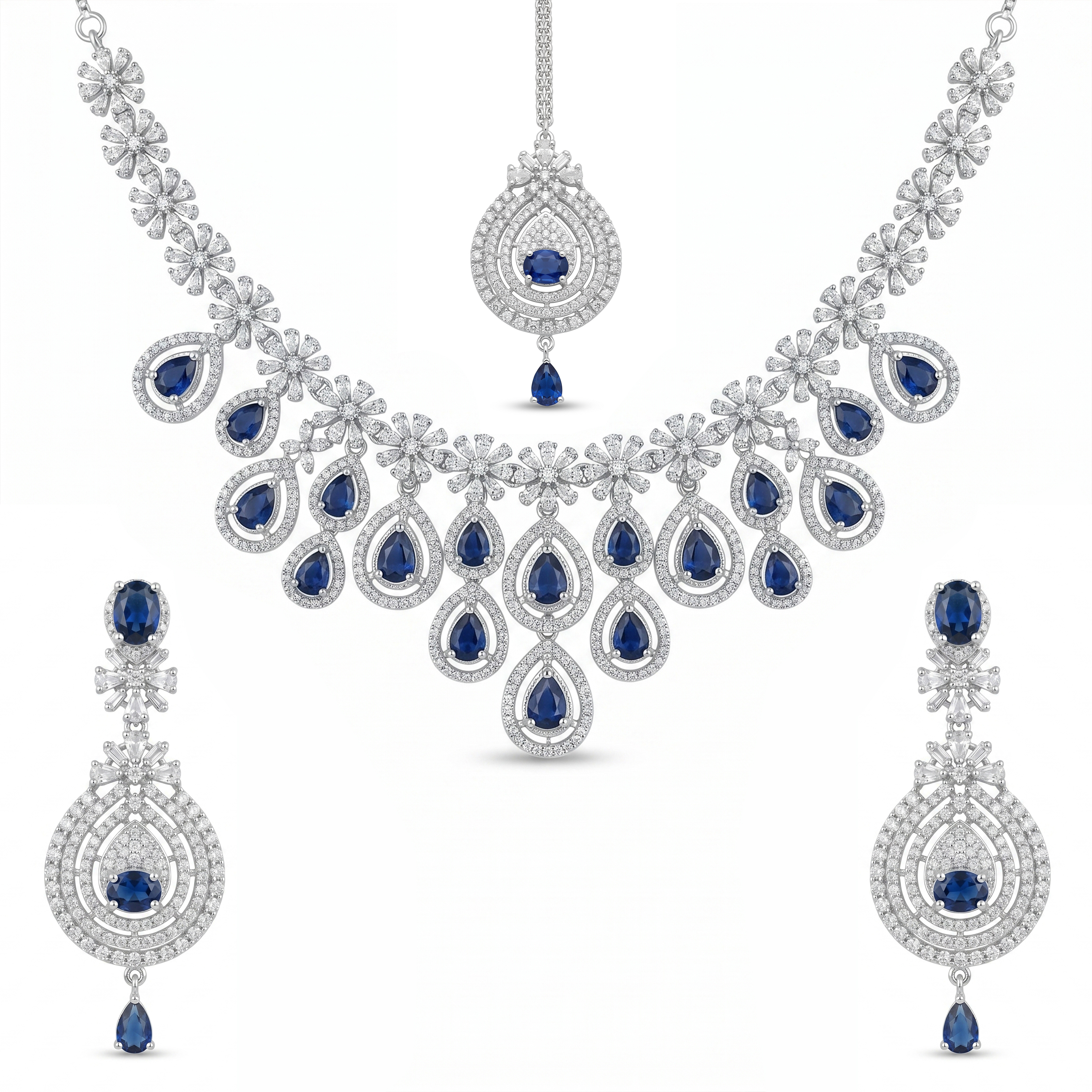 Luxury American Diamond Blue Sapphire Look Necklace Set for Women | Silver Tone Statement Bridal Jewelry Set with Matching Earrings & Maang Tikka | Wedding Party Wear