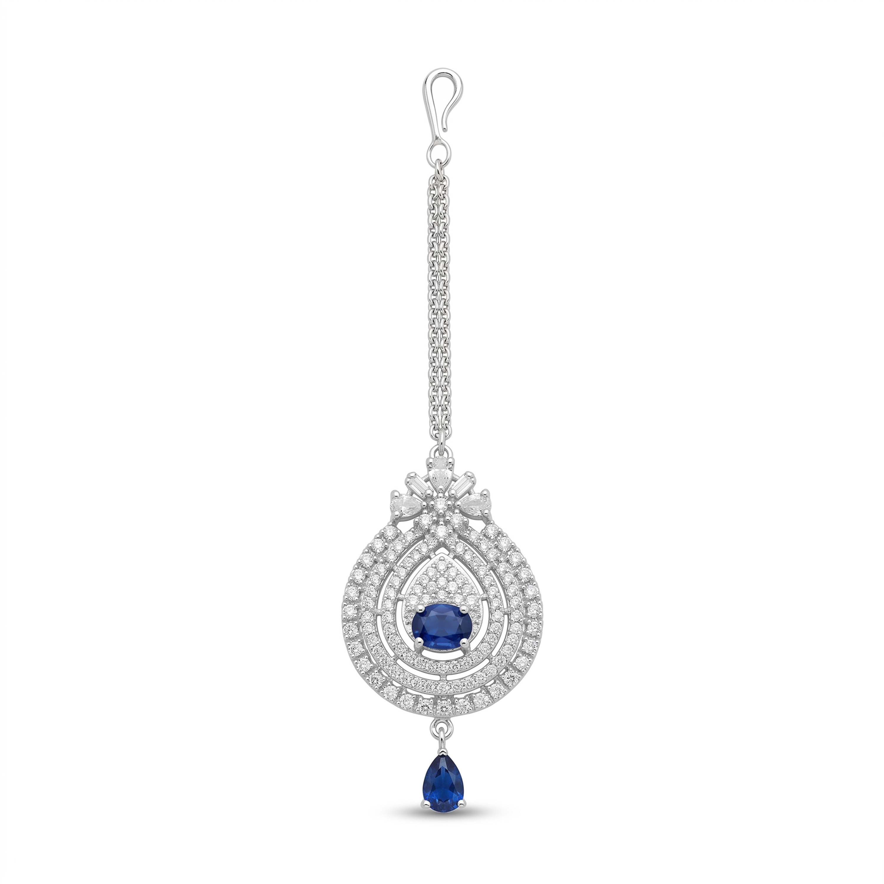 Luxury American Diamond Blue Sapphire Look Necklace Set for Women | Silver Tone Statement Bridal Jewelry Set with Matching Earrings & Maang Tikka | Wedding Party Wear - Image 3
