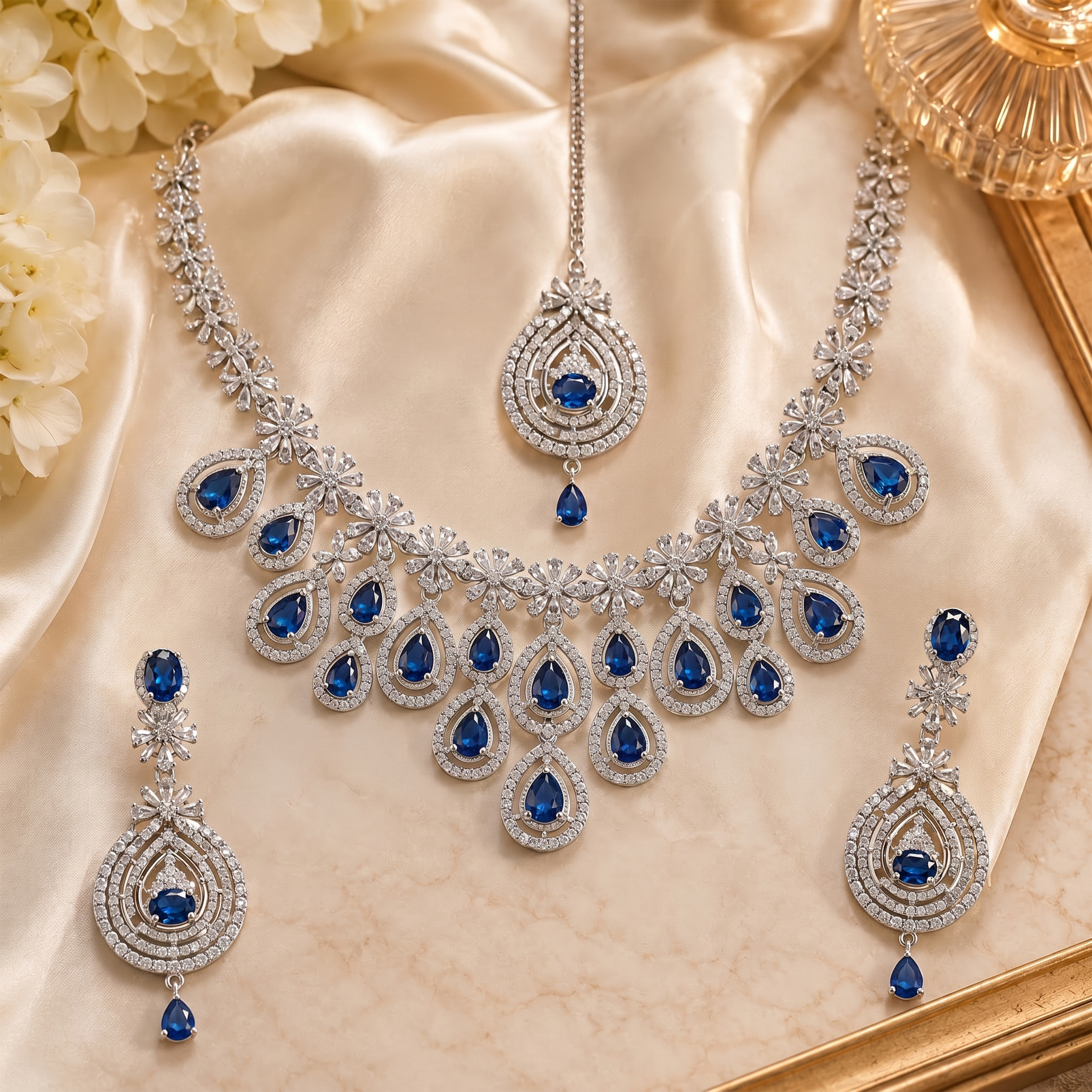 Luxury American Diamond Blue Sapphire Look Necklace Set for Women | Silver Tone Statement Bridal Jewelry Set with Matching Earrings & Maang Tikka | Wedding Party Wear - Image 4