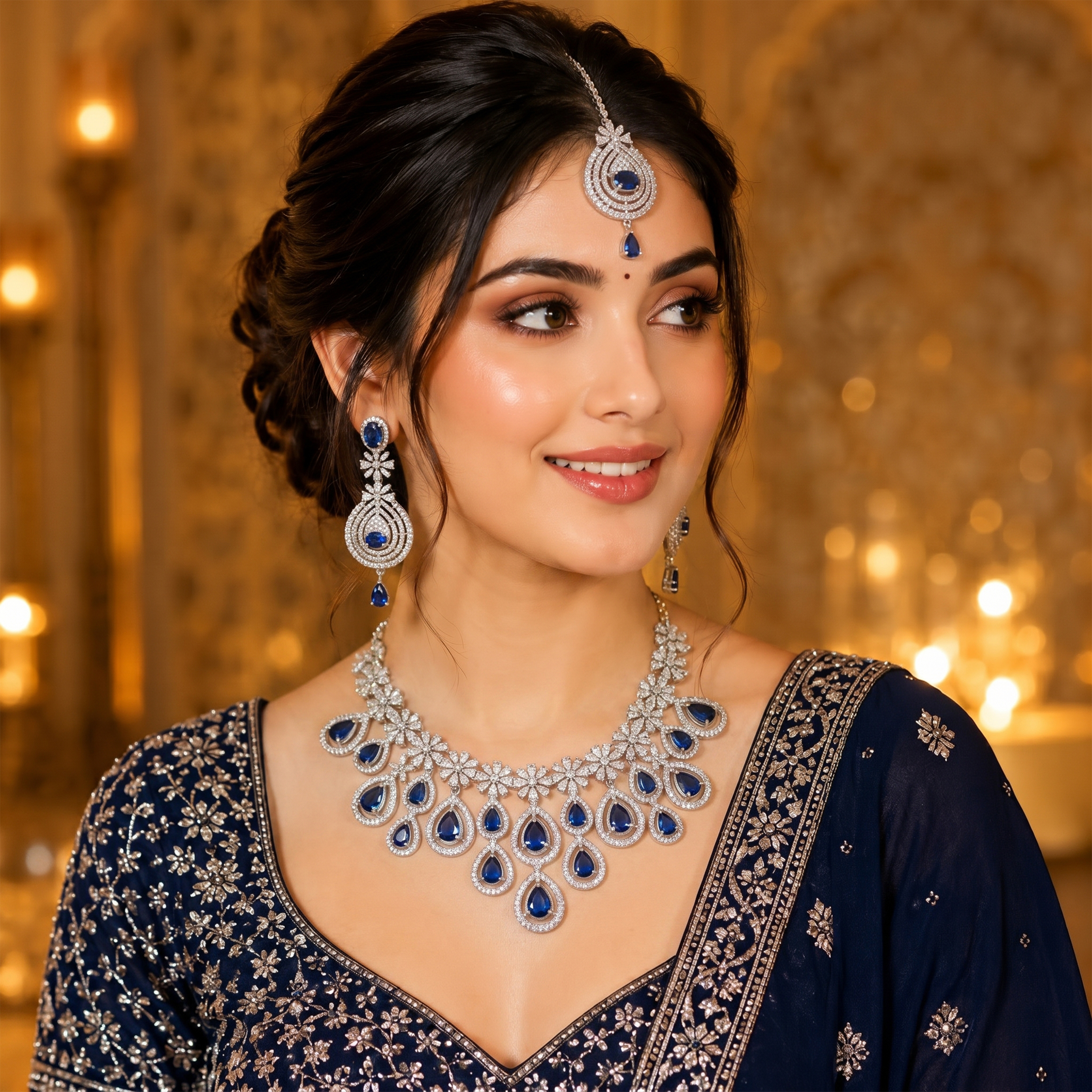 Luxury American Diamond Blue Sapphire Look Necklace Set for Women | Silver Tone Statement Bridal Jewelry Set with Matching Earrings & Maang Tikka | Wedding Party Wear - Image 5