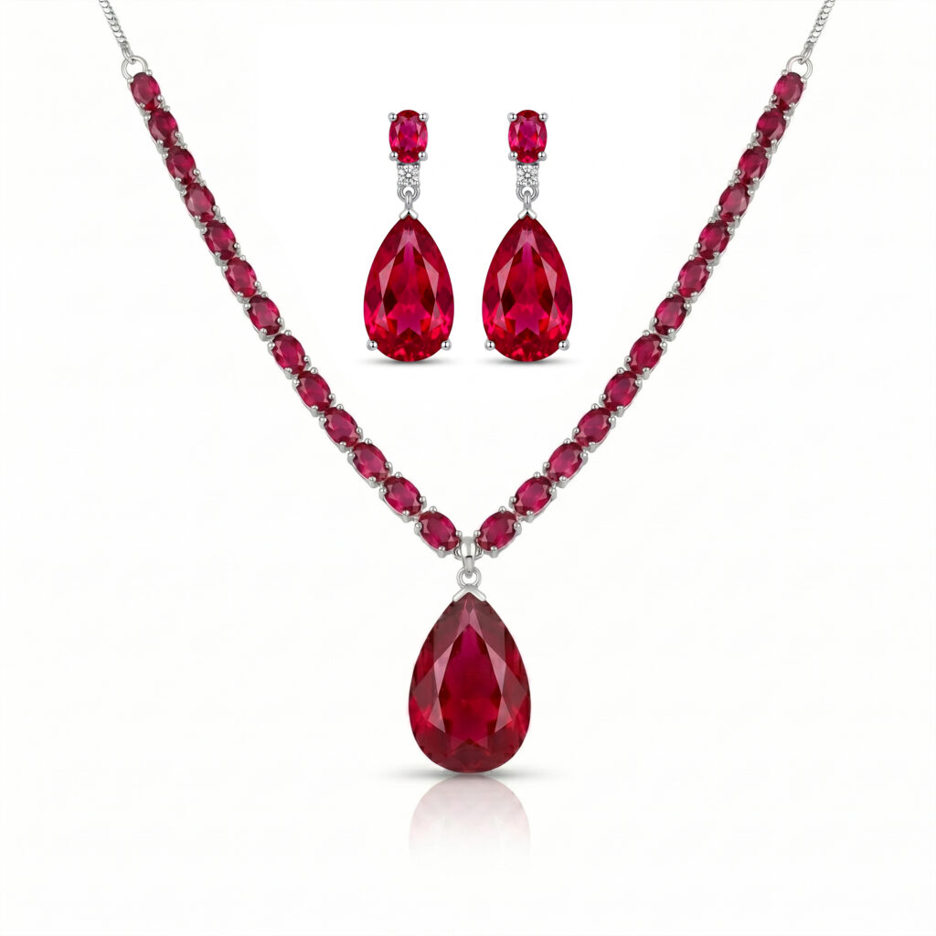 Elegant Ruby Red Teardrop Pendant Necklace Set for Women | Silver Tone Crystal Necklace with Matching Drop Earrings | Party & Wedding Jewellery