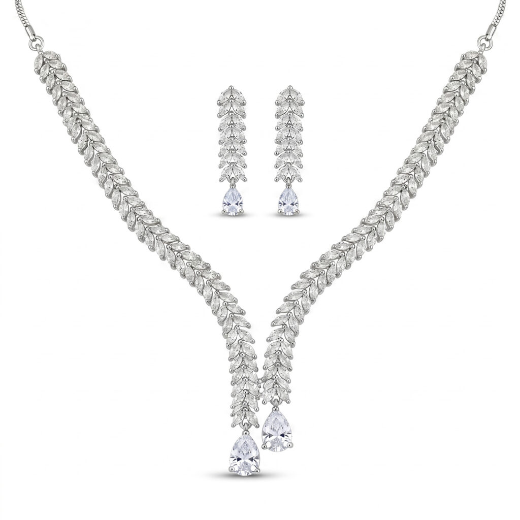 Elegant American Diamond Leaf Design Y-Shape Necklace Set with Matching Drop Earrings for Women | Silver Tone Party & Wedding Jewellery