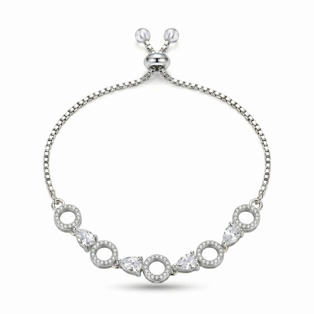 Elegant Silver-Tone American Diamond Adjustable Bracelet for Women | Open Circle & Marquise Stone Design | Premium CZ Bracelet for Party, Wedding & Daily Wear