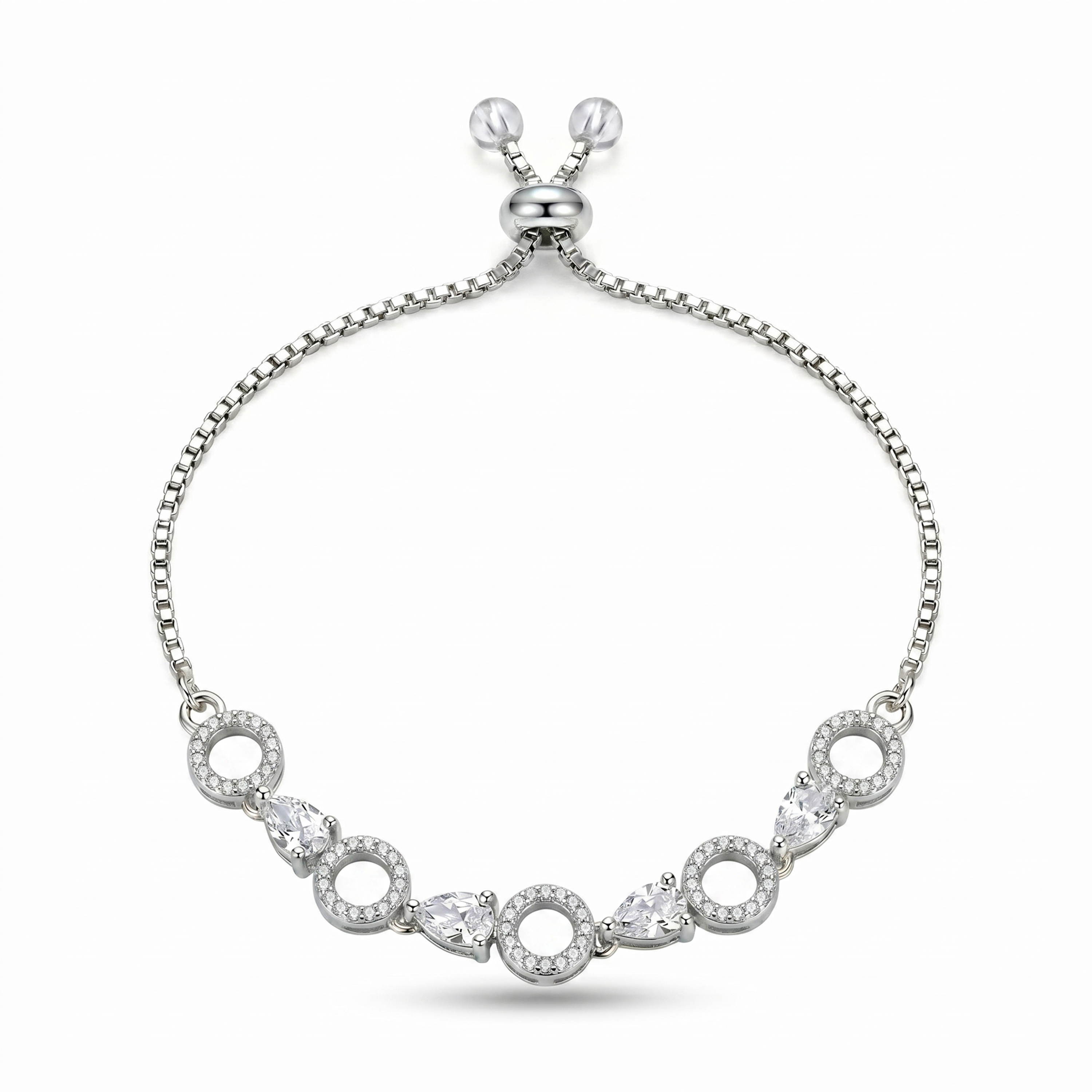 Elegant Silver-Tone American Diamond Adjustable Bracelet for Women | Open Circle & Marquise Stone Design | Premium CZ Bracelet for Party, Wedding & Daily Wear