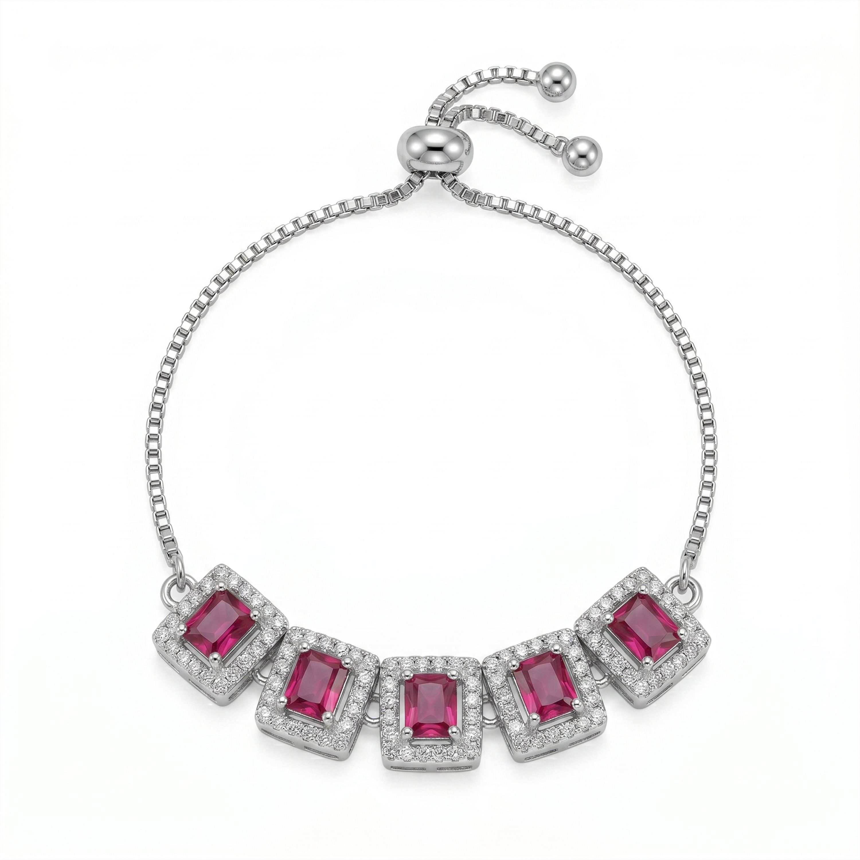 Elegant Silver-Tone Pink American Diamond Adjustable Bracelet for Women | Square Ruby Pink CZ Stone Bracelet | Premium Slider Bracelet for Party & Wedding Wear